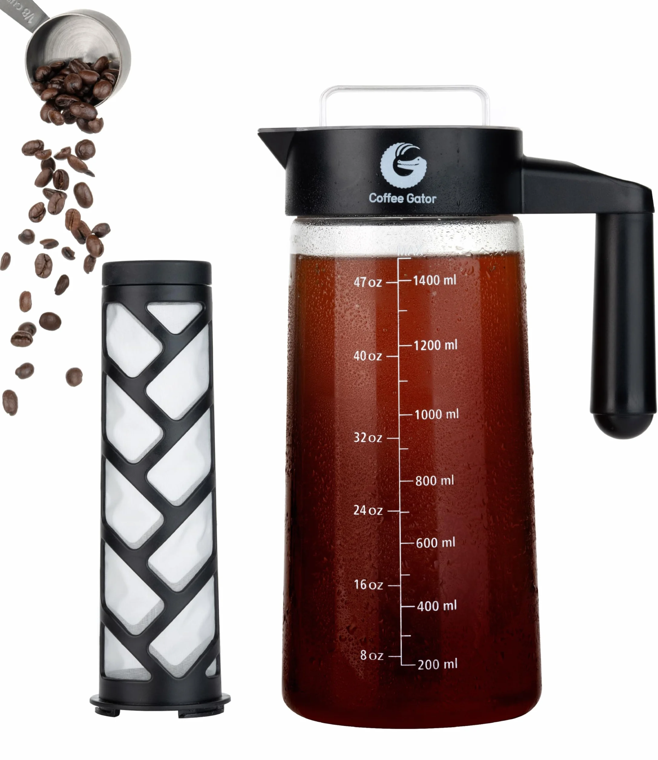 Coffee Gator Ekspres do kawy Cold Brew, filtr bez BPA i szklana karafka, zestaw do parzenia z miarką ze stali nierdzewnej i składanym lejkiem załadunkowym, czarny, 1,4 l