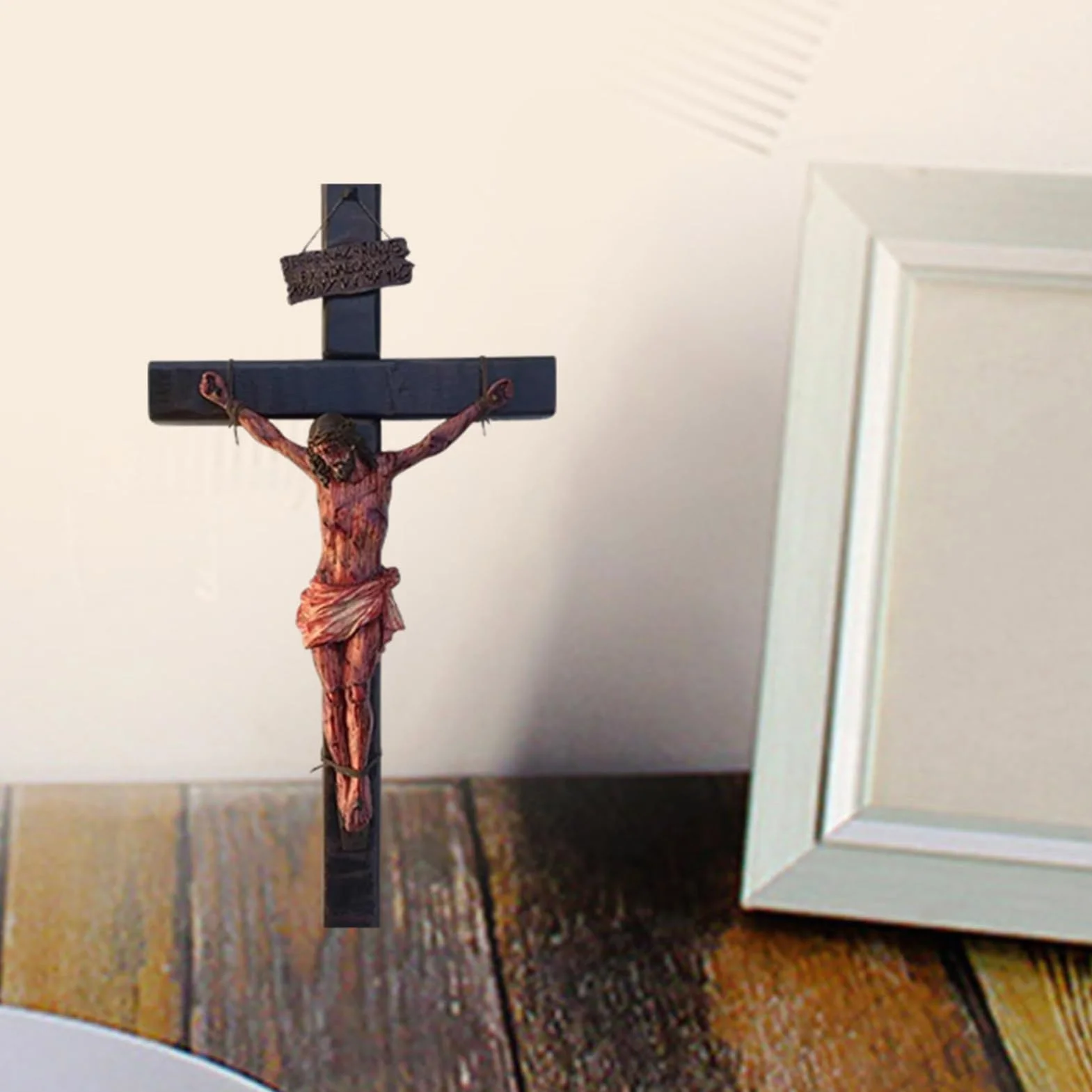 Wall Crucifix, Handmade Christian Decor, Religious Collectible Figurine, Sturdy Craftsmanship, Detailed Passion Design, Ideal for Meditation and Prayer, 8.07 Inches, Brown, 1 Piece