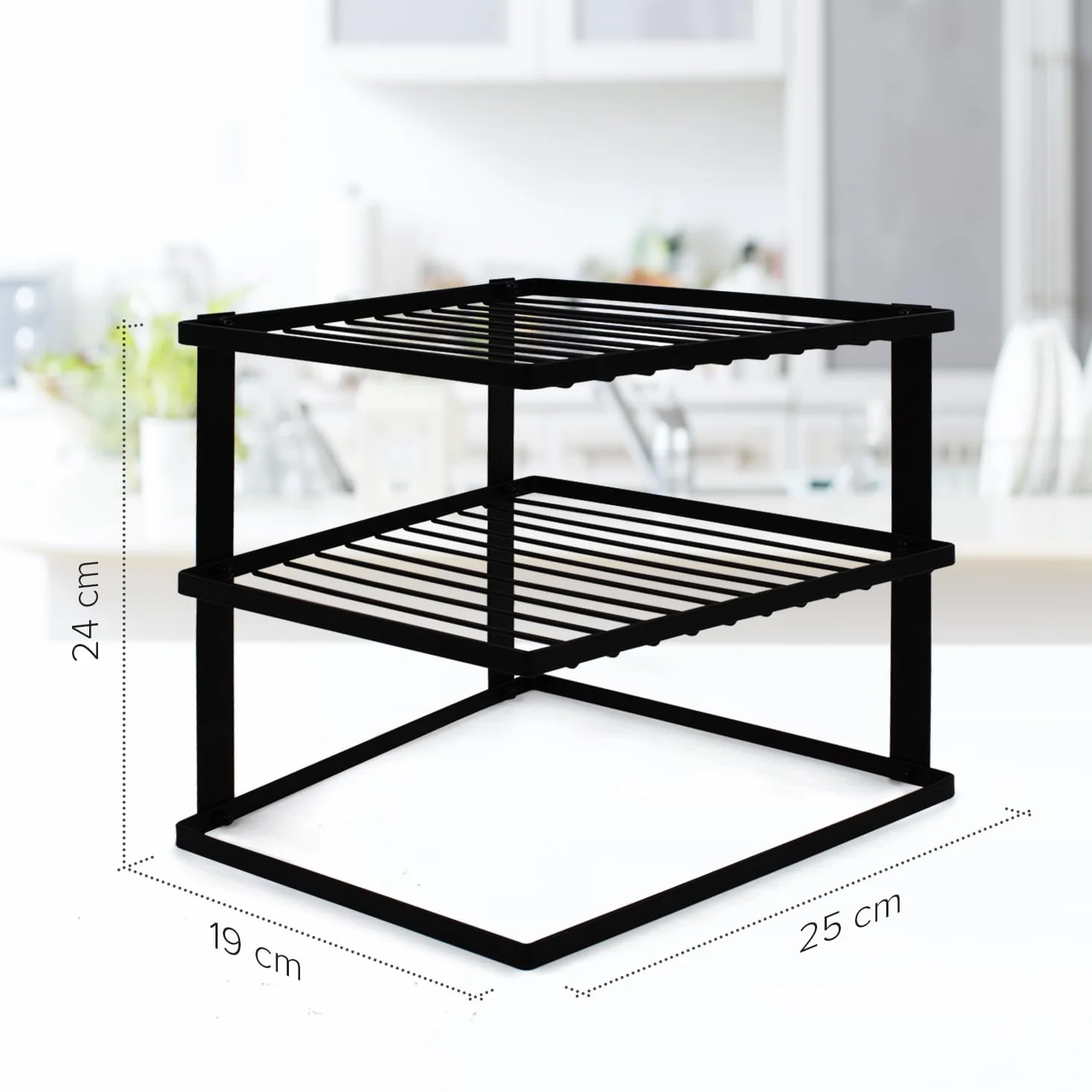 Joeji's Kitchen Nie chybotliwy stojak na talerze do przechowywania w szafce kuchennej Narożny stojak na talerze Szafka z półką Organizer 25x25x19cm - czarny