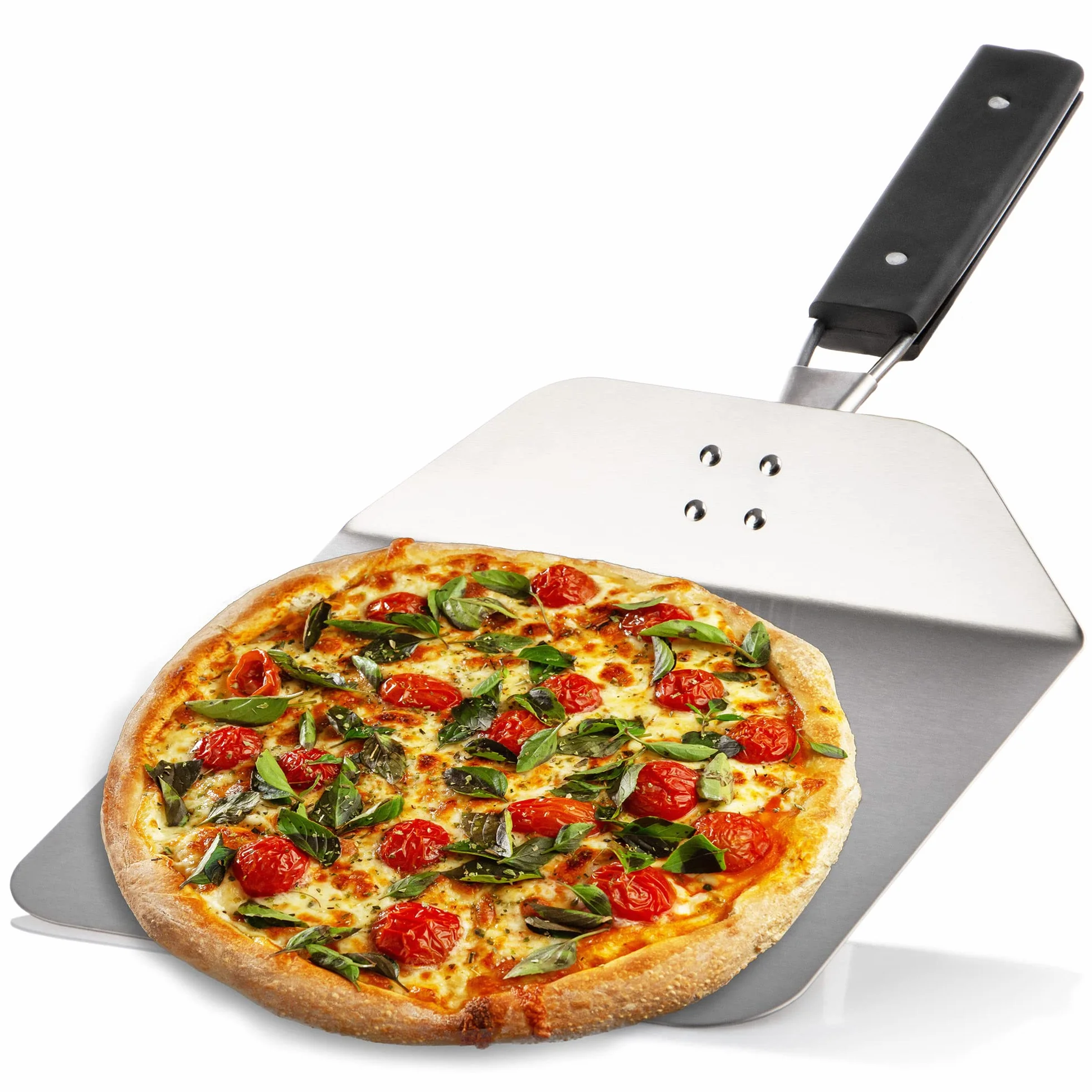 COM-FOUR® skórka do pizzy wykonana ze stali nierdzewnej 430 - podnosnik do pizzy i ciast z drewnianym uchwytem - skórka do pizzy do pizzy, tarte - skladany uchwyt (srebrny/czarny - kanciasty)