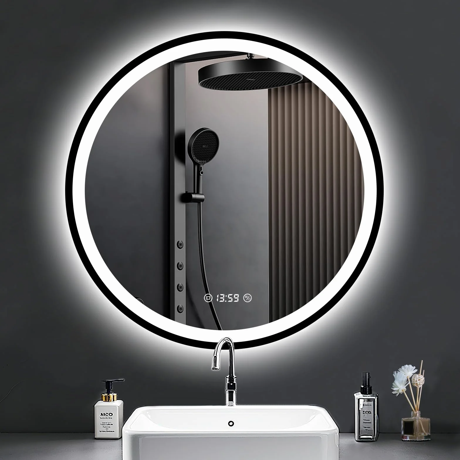 Lustro LED z zegarem - 70 cm Okrągłe lustro z oświetleniem, antyrefleksyjne, możliwość regulacji jasności, 3 kolory światła, energooszczędne z przełącznikiem dotykowym i funkcją pamięci