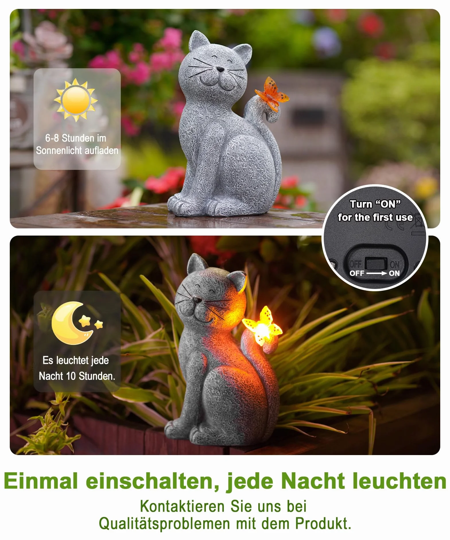 Yeomoo Figurki kotów z solarnymi motylami, dekoracja do salonu, dekoracja ogrodowa na zewnątrz: zabawny prezent dla kobiet, mamy, prezent urodzinowy, figurki ogrodowe, wodoodporne, do ogrodu, na