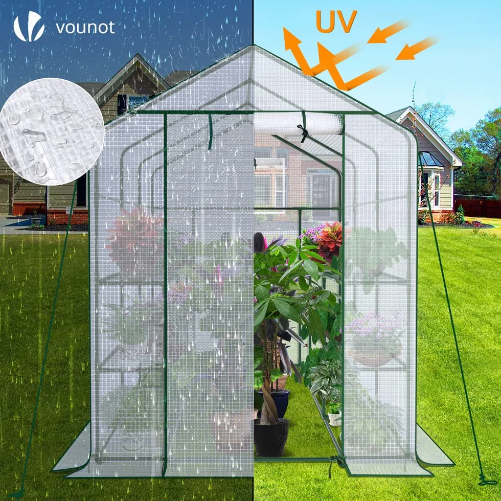 VOUNOT PE szklarnia ogrodowa z półkami 3 poziomami szklarnia ogrodowa do warzyw kwiaty wzmocniona plandeka 135g/m2 chroni rośliny o każdej porze roku 143x215x195cm