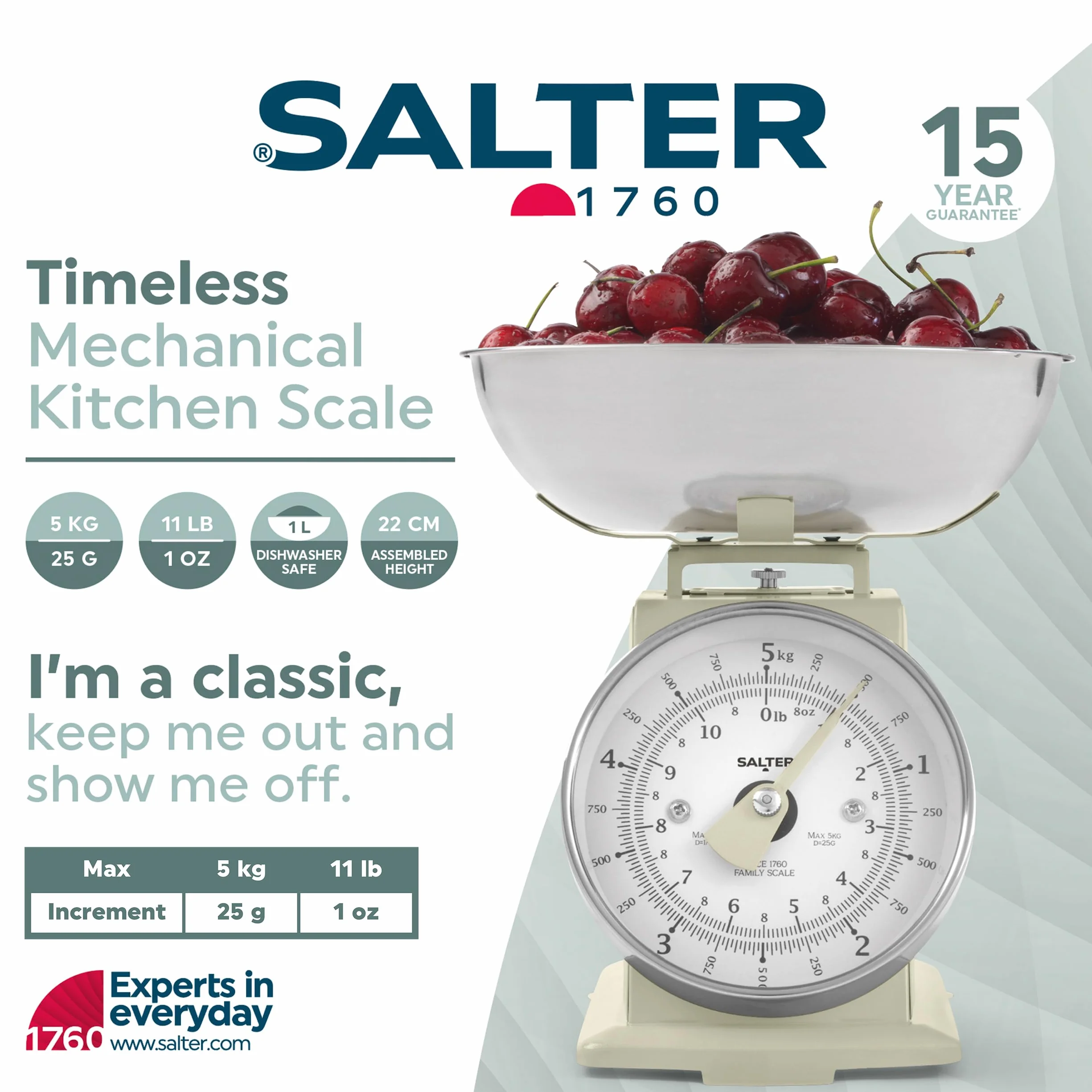 Salter SA00562CFEU12 Ponadczasowa mechaniczna waga kuchenna – pojemnosc 5 kg, miska nadajaca sie do mycia w zmywarce o pojemnosci 1 litra, skala do pieczenia, klasyczny design, duza tarcza cyfrowa