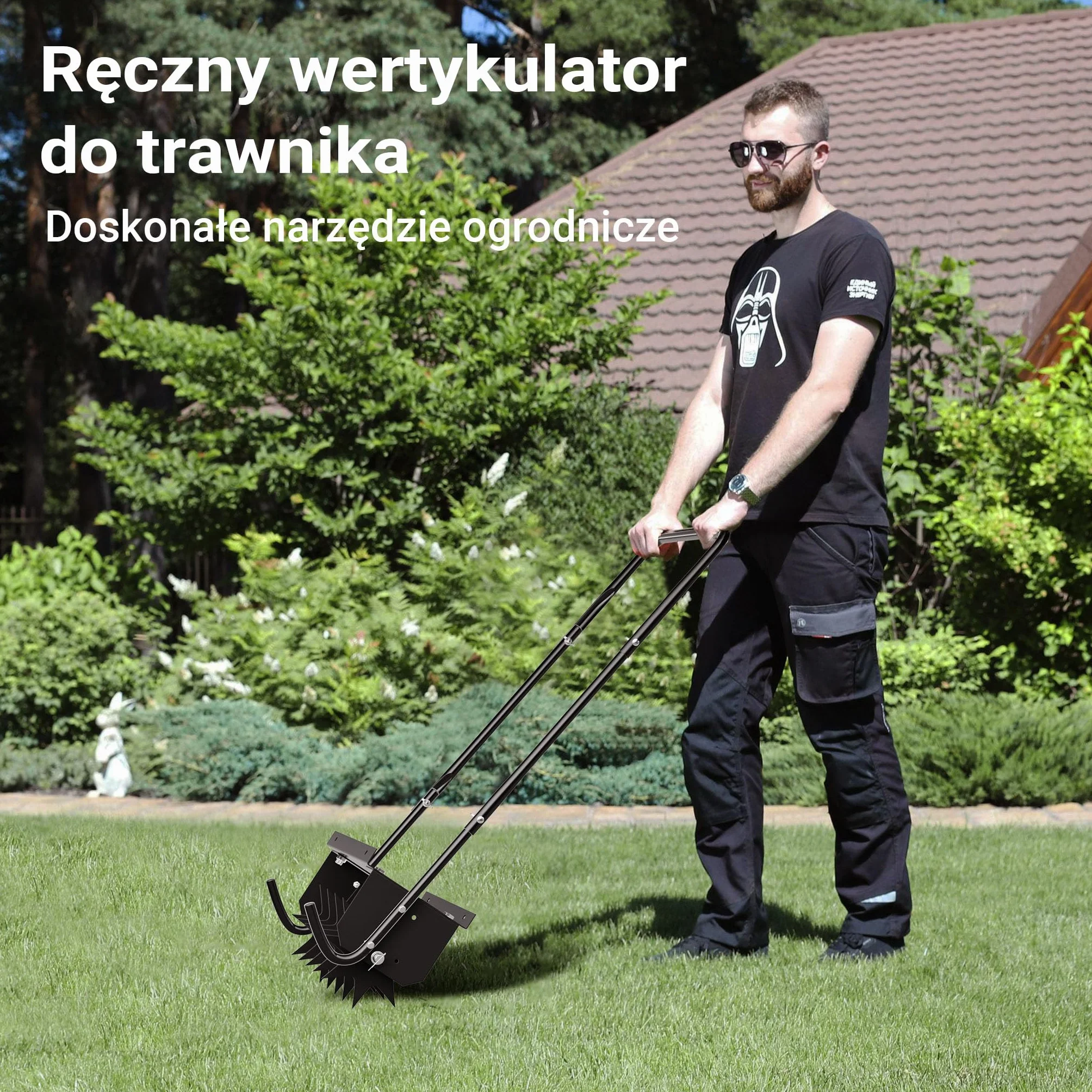 Wiltec Wertykulator do trawnika o szerokości roboczej 40 cm i głębokości 6,4 cm, czarny aerator ręczny z 5 stalowymi tarczami kolczastymi do napowietrzania