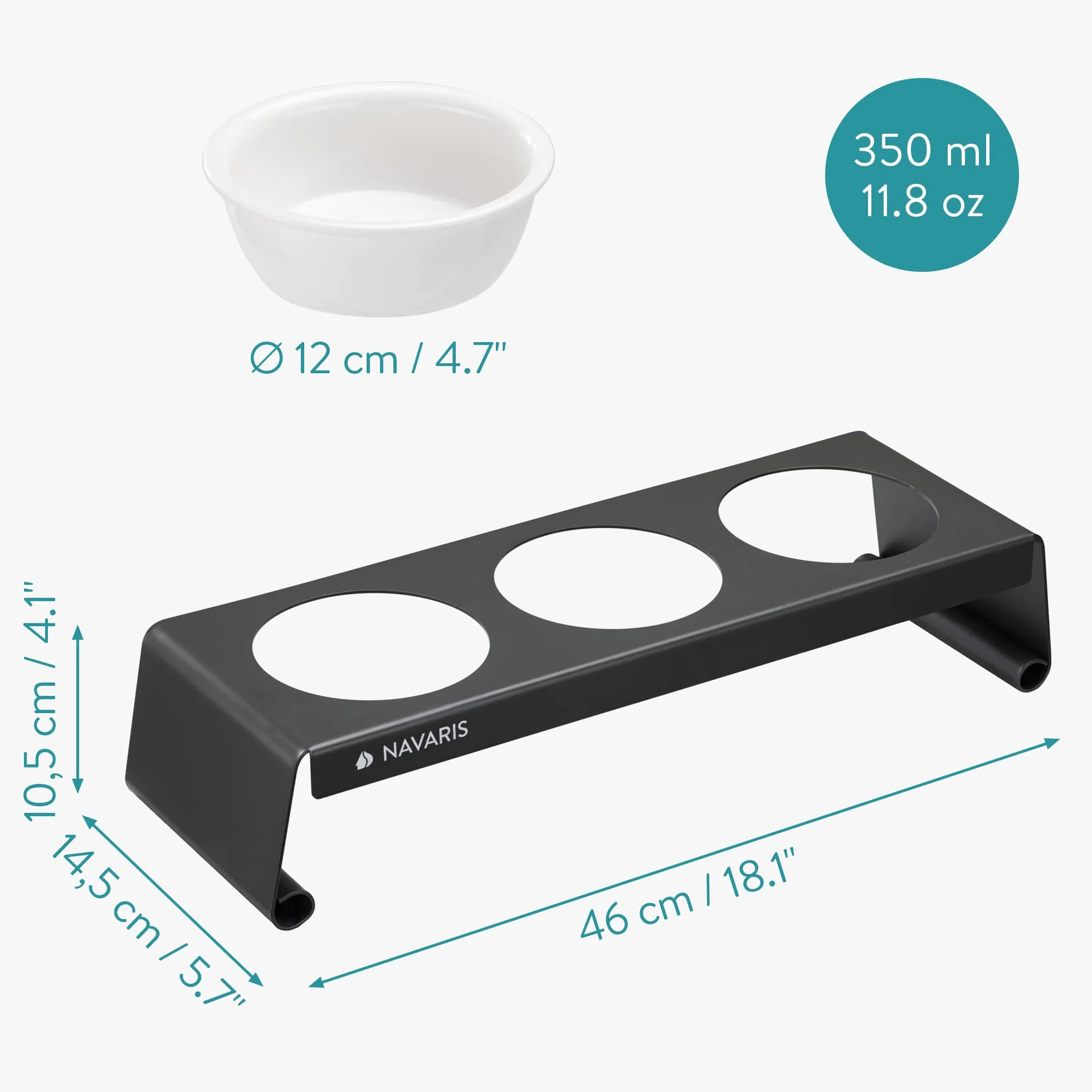 Navaris Ceramiczna Miska na Karmę z Metalowym Stojakiem dla Kota i Psa, 3 Sztuki, Podwyższona, Biała z Ciemnoszarą Podstawką