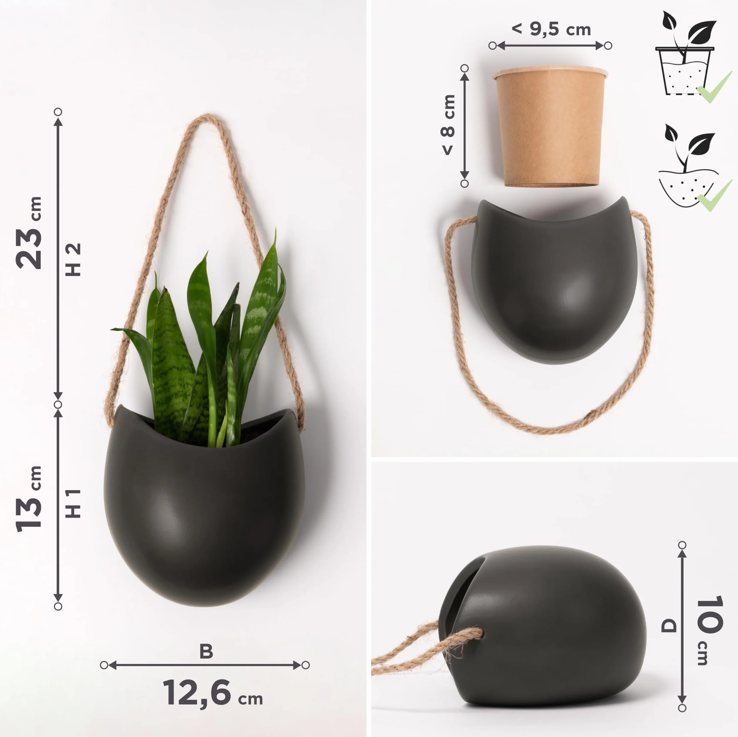 Kazai.® Donice Ścienne -Ellie- | Wiszące Ceramiczne Doniczki 3 sztuki | Dekoracja Ścienna do Wnętrz, Balkonów i Ogrodów | Grafitowy (matowy)