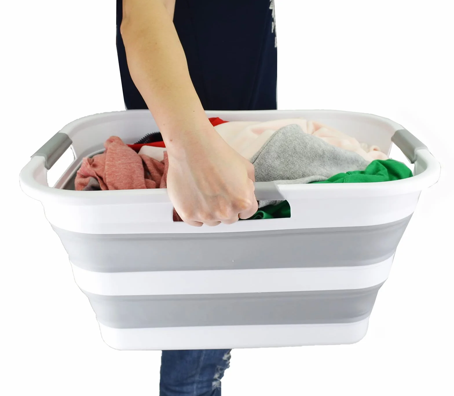 SAMMART Składany kosz na pranie z tworzywa sztucznego, 29 l, składany pojemnik do przechowywania, organizer, przenośna wanna, zajmujący mało miejsca, pojemność: 24 l (1, biały/szary/biały)