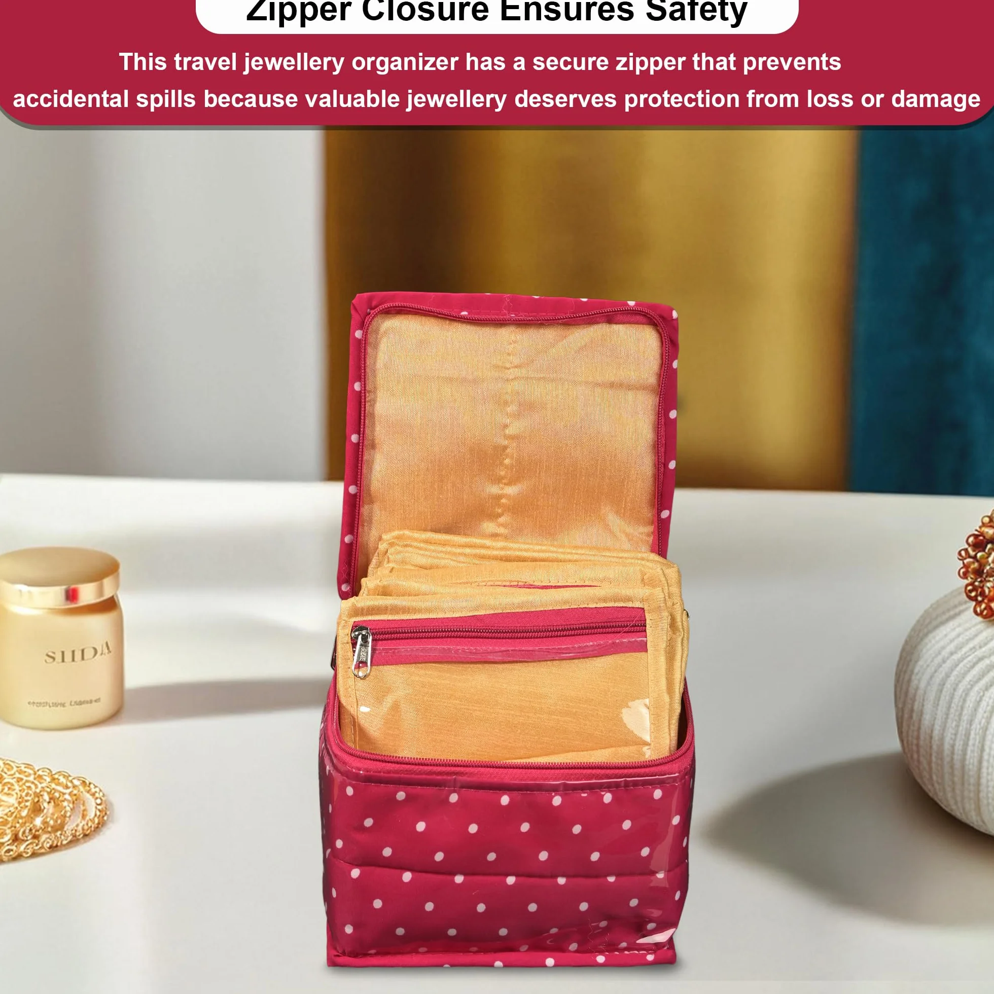 Kuber Industries Małe etui na przybory do makijażu z PCW, z 10 przegródkami, organizer na biżuterię, do przechowywania kolczyków, pierścionków i bransoletek, laminowany nadruk, różowe