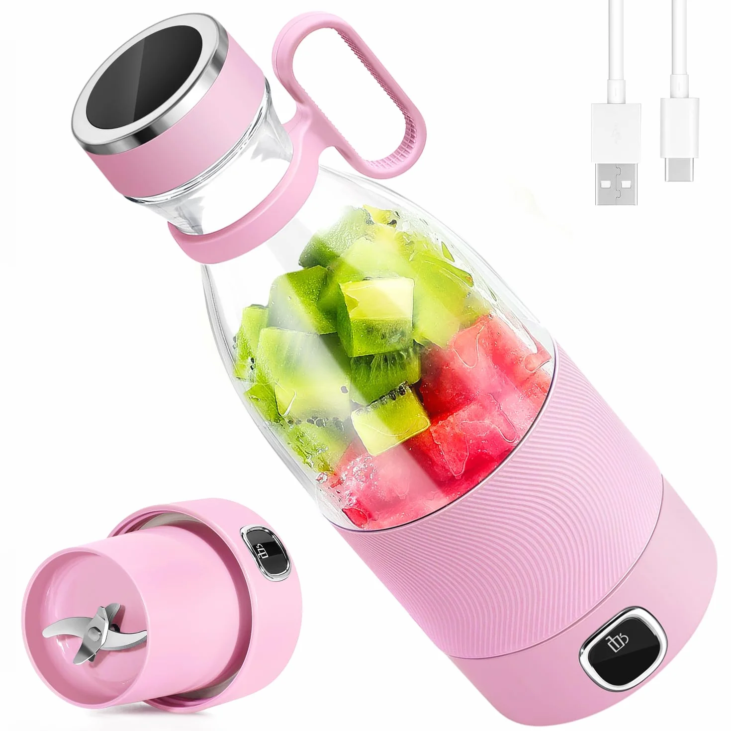 DoubleCare Przenośny blender, 6-ostrzowy elektryczny sokowirówka USB z wyświetlaczem LED, 350 ml mini blender do koktajli i smoothie, akumulator 3000 mAh, do rodzinnych sportów na świeżym powietrzu
