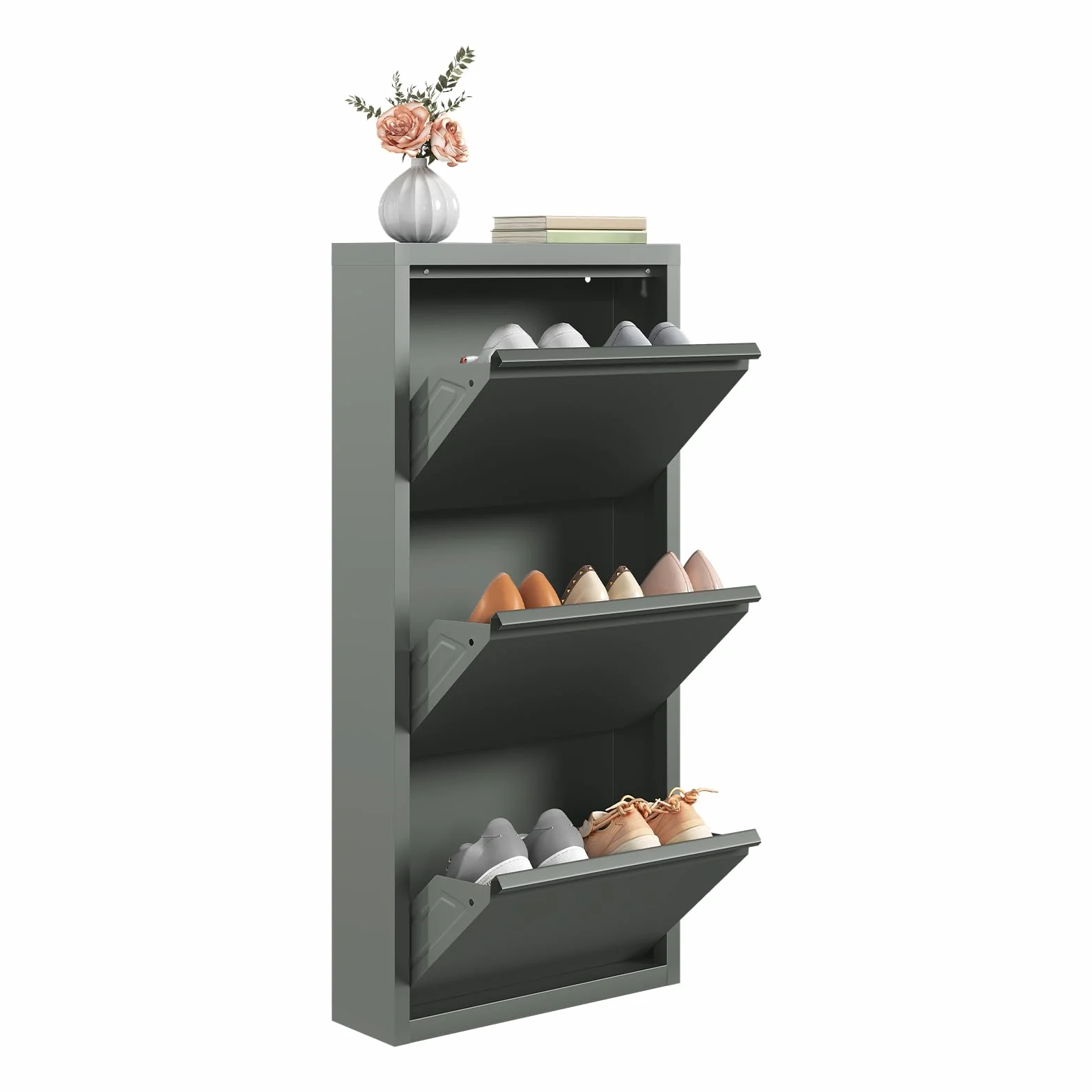 WOLTU Szafka na buty z 3 klapkami, regał na buty, uchylny, na 9 par, z metalu, do korytarza i salonu, 50 x 106 x 15 cm, jasnoszara