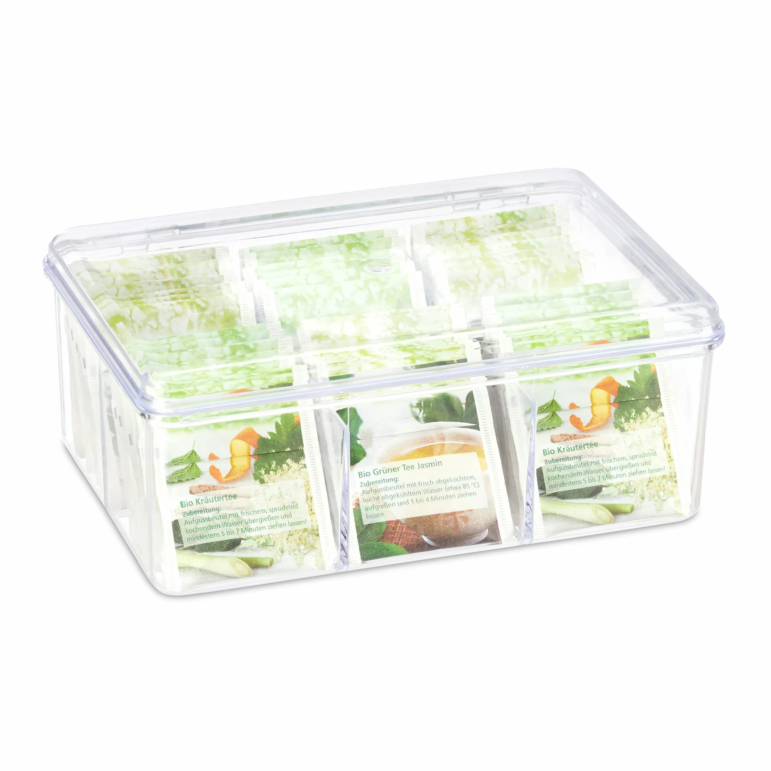 Relaxdays Pudełko na herbatę, 6 przegródek, 90 torebek herbaty, puszka na herbatę z pokrywą na zawiasach, ochrona przed aromatem, wys. x szer. x gł. 9 x 21,5 x 14,5 cm, przezroczyste