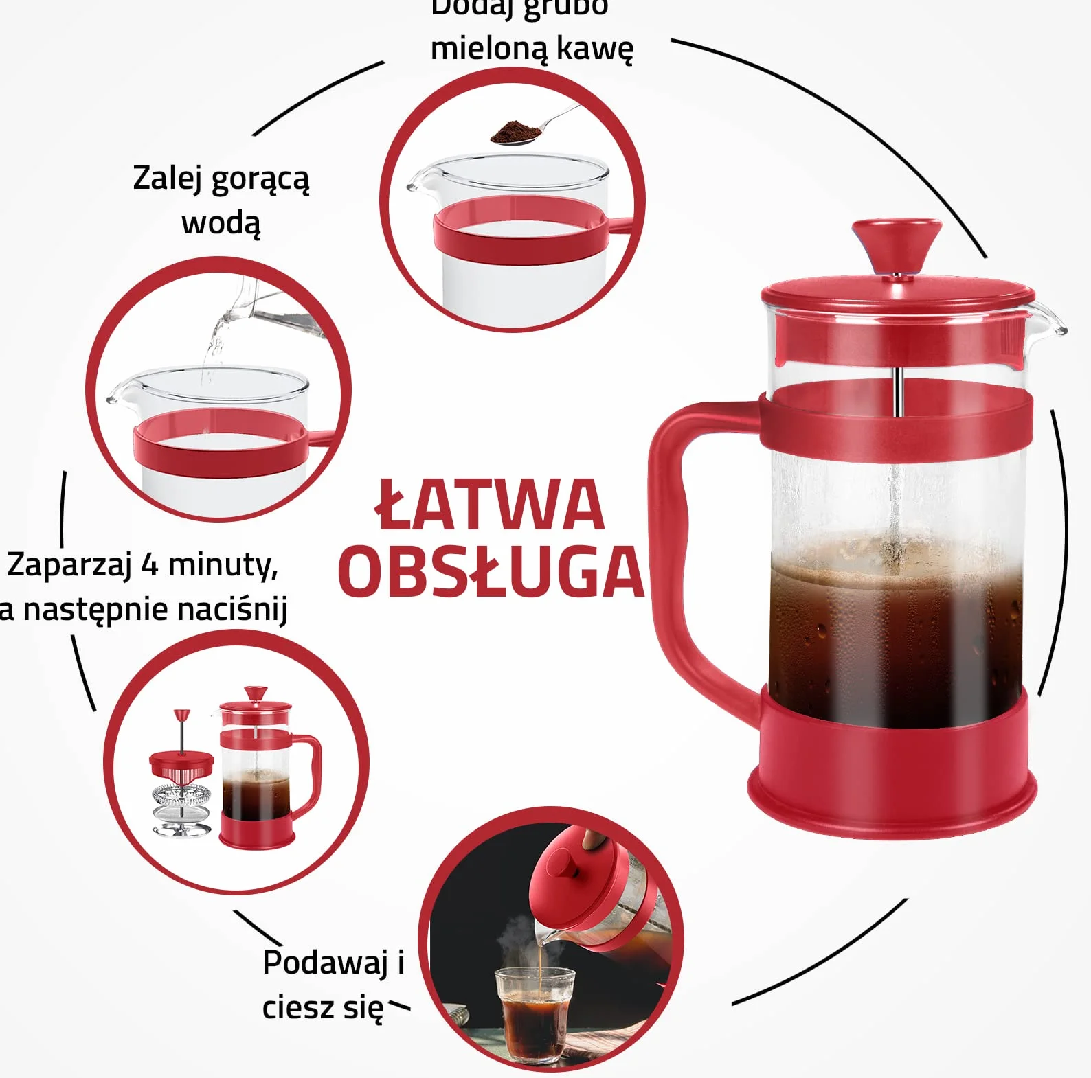 Kichly French Press coffee maker, coffee and tea maker with triple filter, heat resistant glass with steel plunger (Czerwony1000 ml)