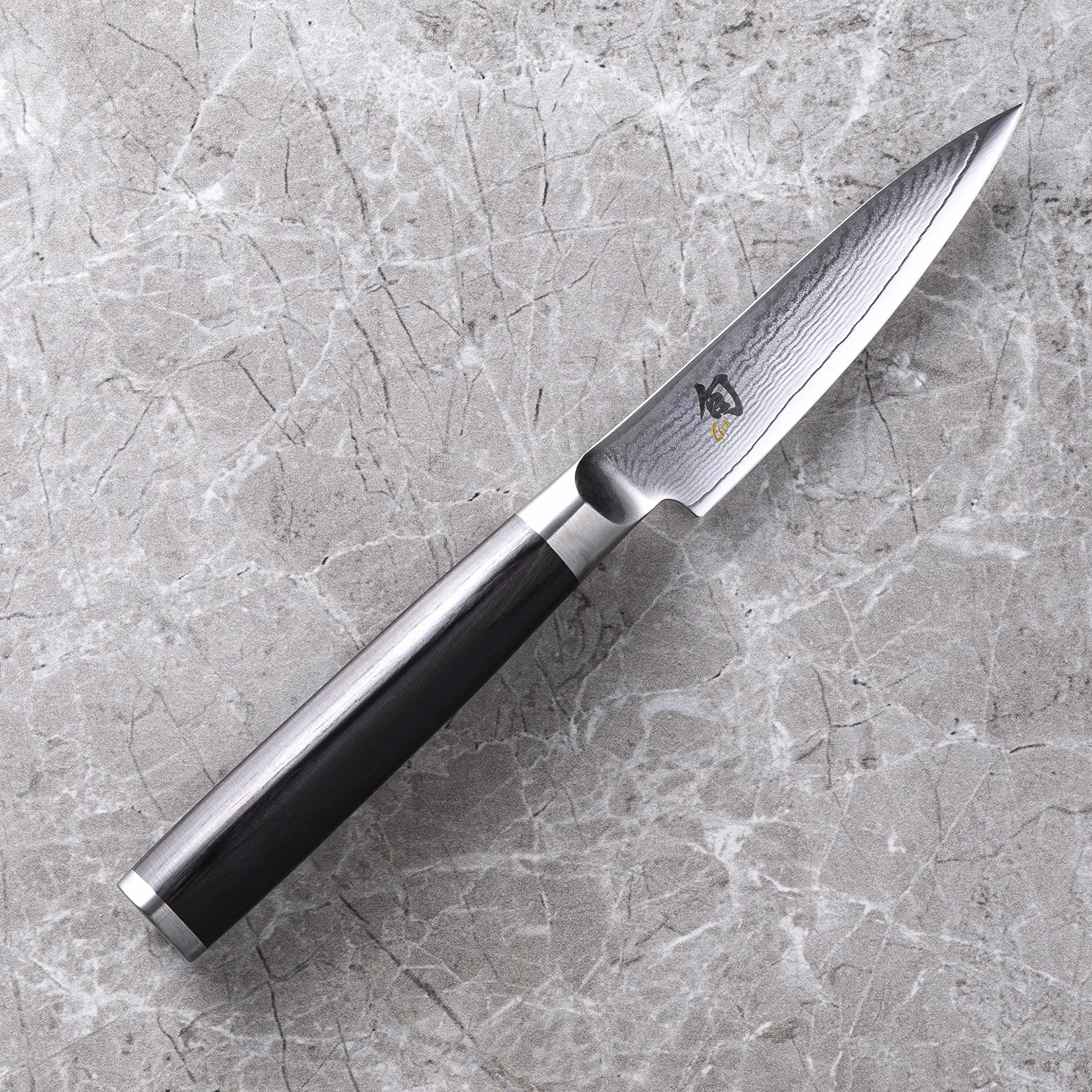 KAI Shun Classic japoński nóż biurowy 9 cm, długość ostrza, 32-warstwowy nóż damasceński VG MAX - 61 (±1) HRC - rękojeść pakkawood, wyprodukowany w Japonii, kuty nóż do warzyw