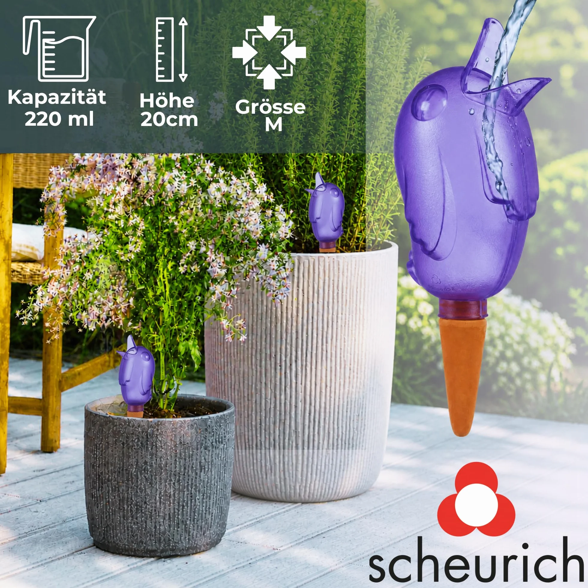 Scheurich Dozownik wody Bördy M | 4 x liliowy | pojemność 220 ml | małe kulki nawadniające z gliny | dozownik wody do roślin pokojowych i kwiatów, trzonek z terakoty