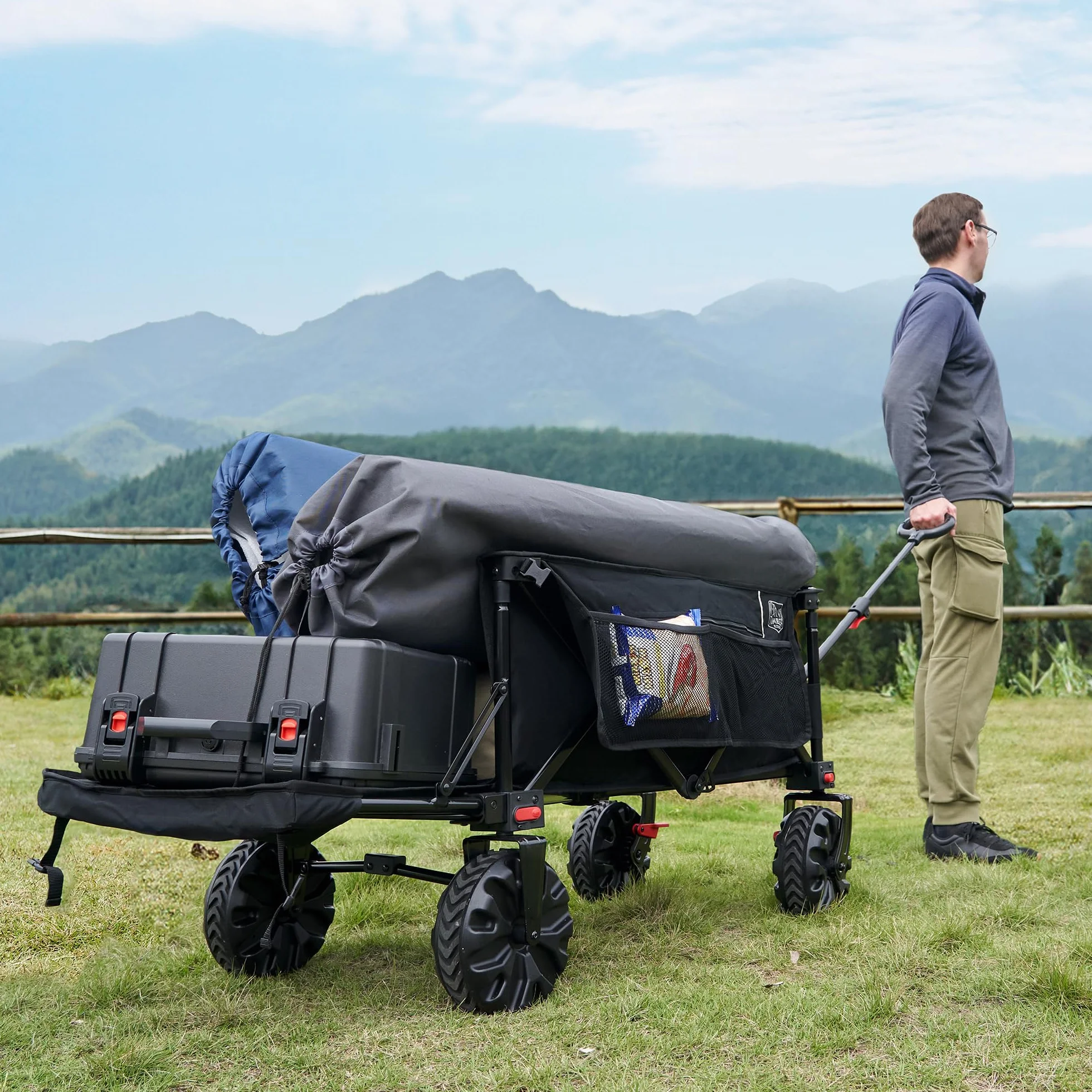 TIMBER RIDGE Wózek festiwalowy, 300 l, z hamulcami, składany wózek plażowy z tylną klapą, składany wózek 135 kg, zdejmowane szerokie koła i regulowany uchwyt, do użytku na zewnątrz, na kemping, do