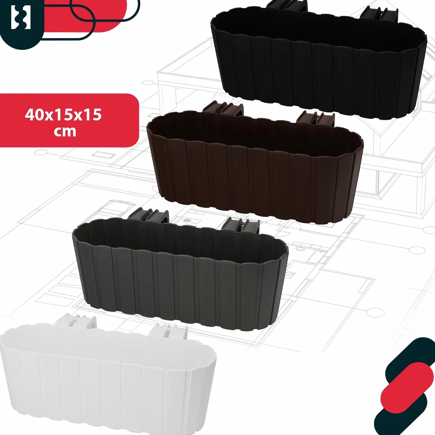 KOTARBAU® Doniczka Balkonowa na Balustradę - 40 x 15 x 15 cm - Skrzynka Plastikowa na Balkon - Owalna - Rustykalna - Szara - Zestaw 2 SZT