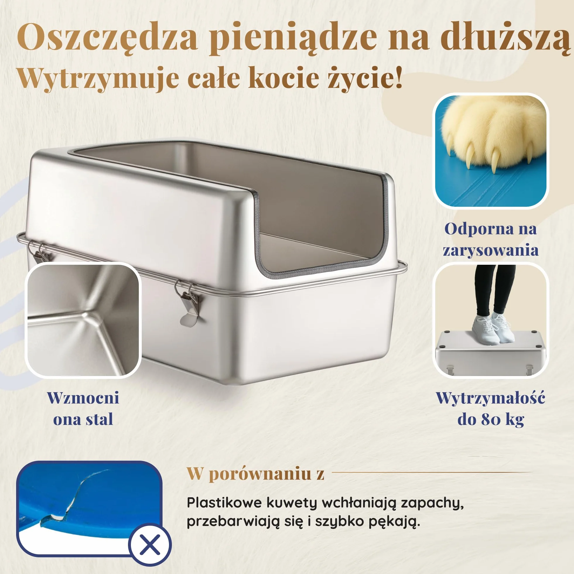 Kuweta dla Kota ze Stali Nierdzewnej XXL 38L z Wysokim Rantem