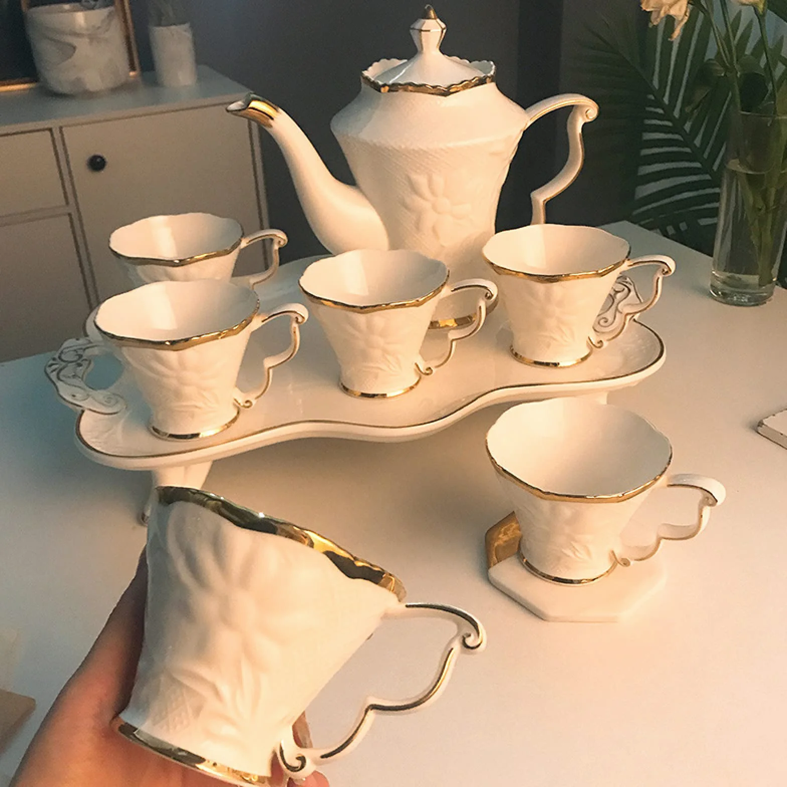 Herbaty i talerze, Filiżanka do kawy i spodek Zestaw do herbaty dla dorosłych Zestaw do herbaty z czajnikiem Porcelanowy serwis do podwieczorku Herbata kwitnąca