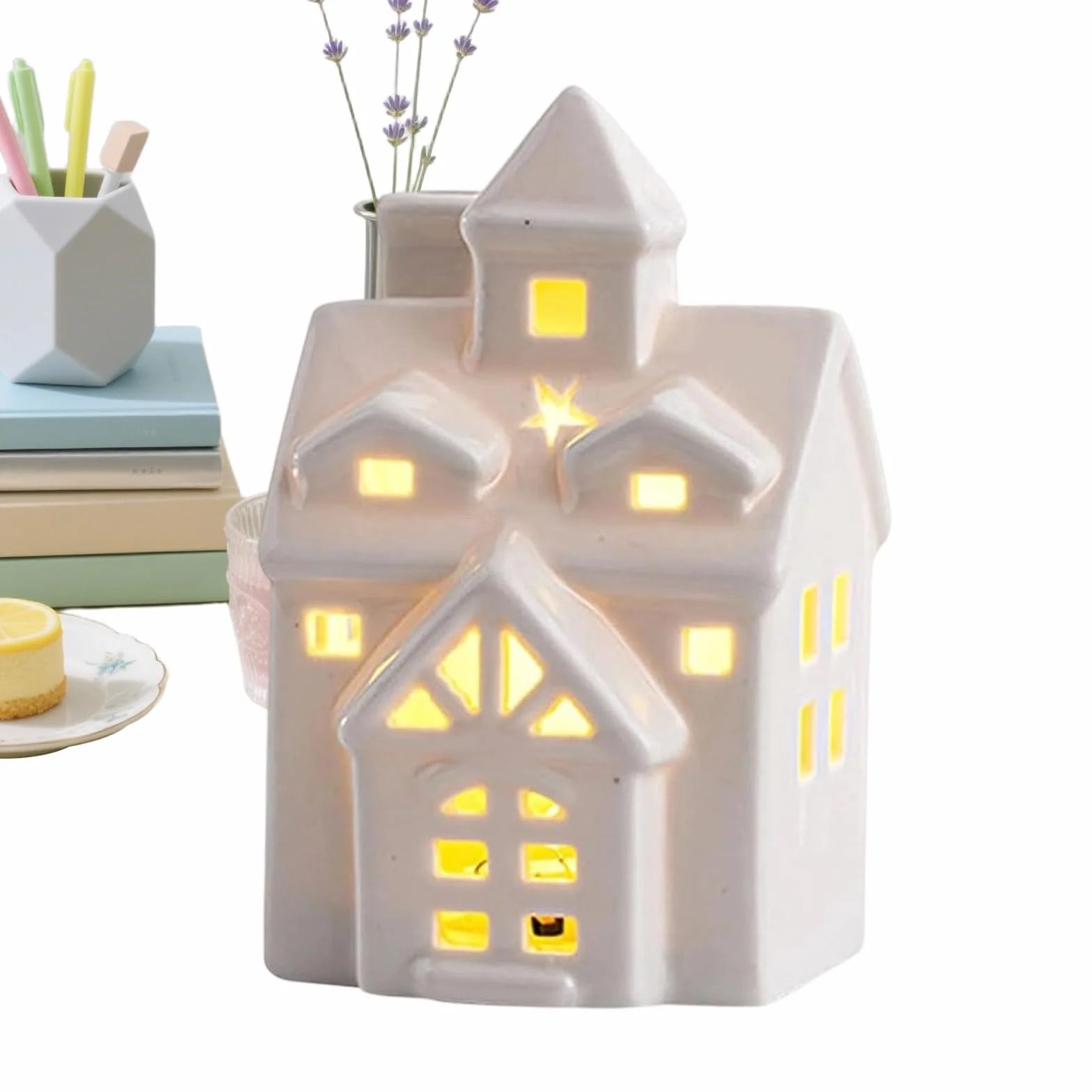 Ceramiczne domki świąteczne, miniaturowa dekoracja wioski świątecznej z oświetleniem LED, porcelanowe ręcznie robione domki świąteczne do świątecznego wystroju wnętrz, zasilane bateriami, ciepłe białe