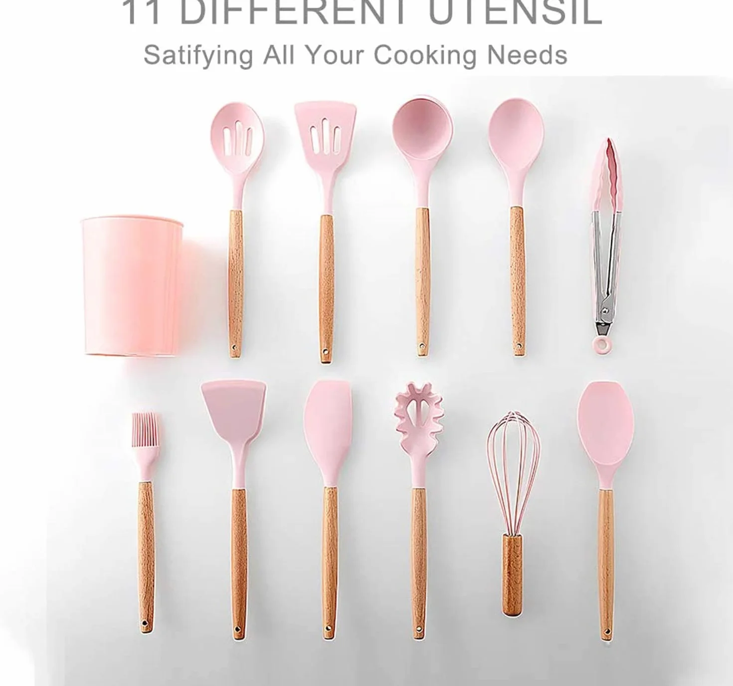 Hubei silikonowe przybory kuchenne, zestaw przyborów kuchennych, odporne na wysokie temperatury, drewniane uchwyty kuchenne, szare, narzędzia do przyborów kuchennych, nieprzywierających (różowy-12