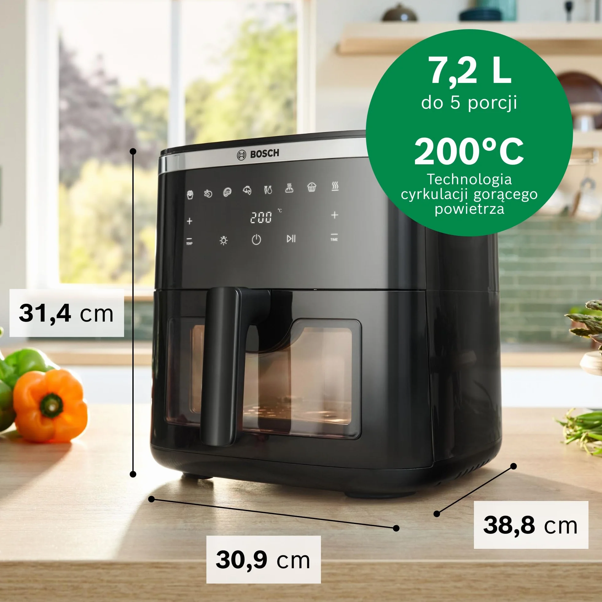 Bosch Air Fryer Serie 6, MAF671B0, pojemność XXL 7,2 l, 7 programów, podświetlane okienko, do 65% szybsze gotowanie, czarny