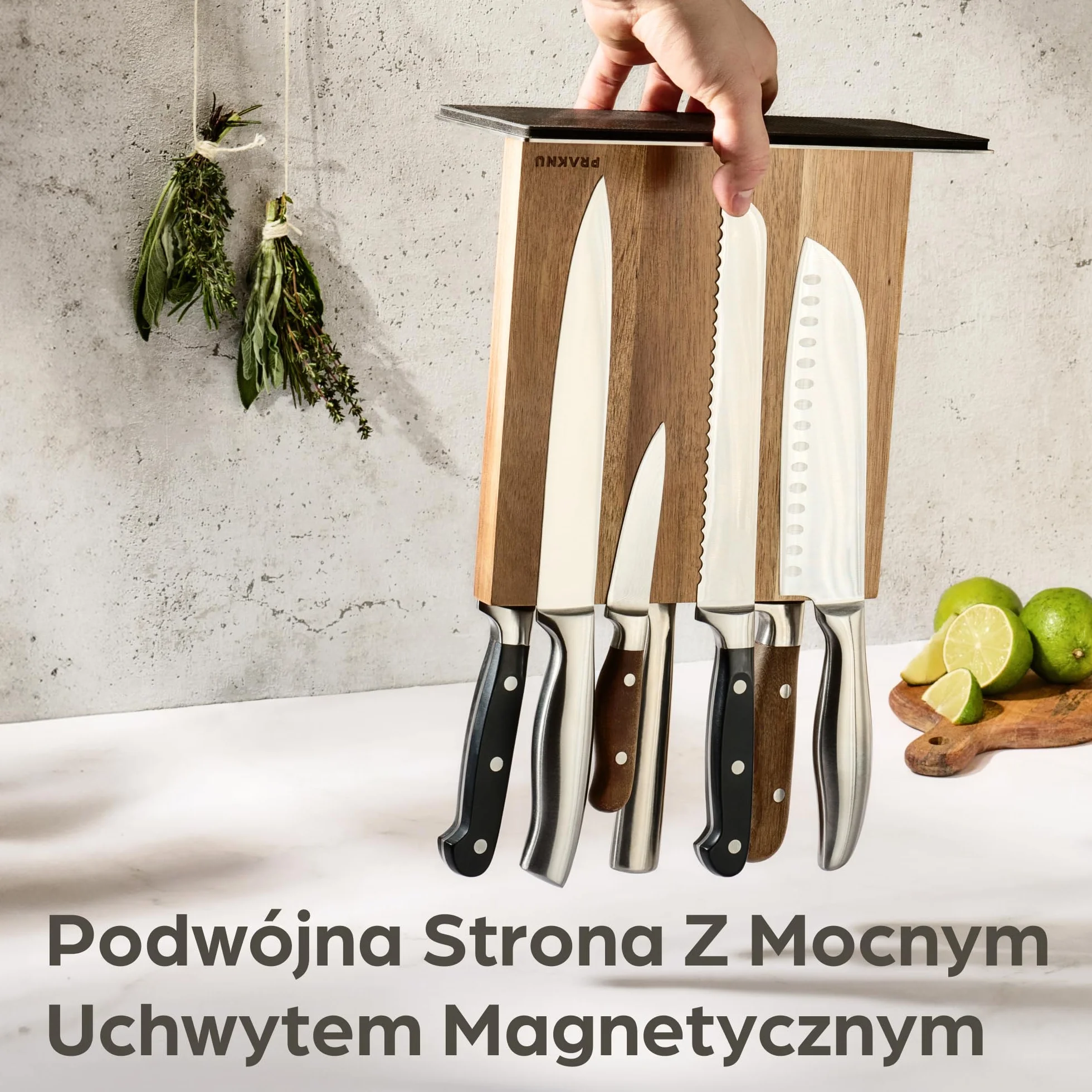 Uchwyt na Noże bez Noża – Dwustronny Silny Magnes – Magnetyczny Blok z Drewna Akacjowego FSC® – Antypoślizgowy i nie zajmuje dużo miejsca