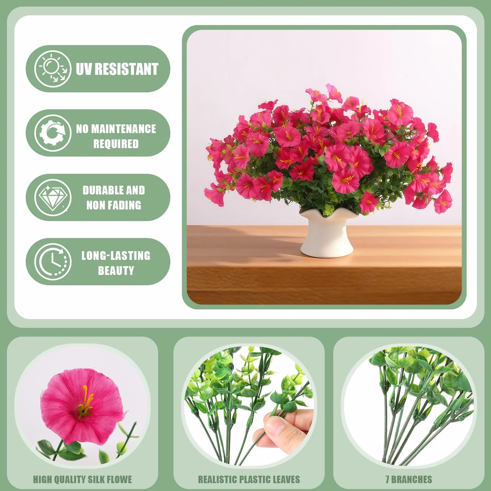 sztuczne kwiaty Petunia 7 pęczek Magenta 36 cm - sztuczne kwiaty jak prawdziwe, idealne na balkon, rośliny balkonowe do dekoracji na zewnątrz