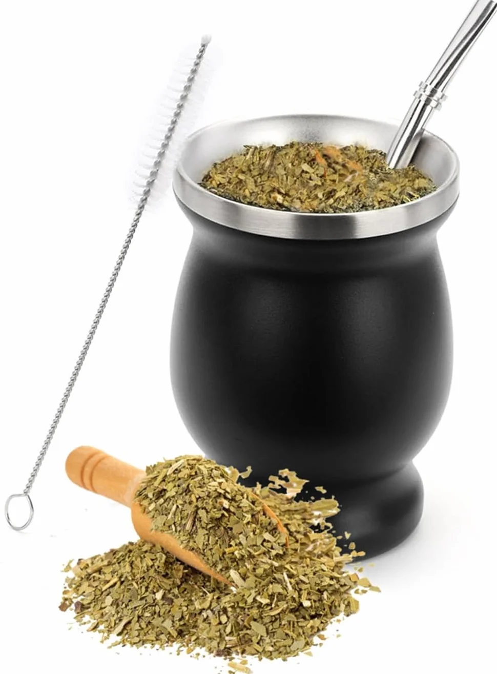Zestaw kubków do mate do herbaty, zestaw filiżanek do herbaty mate, ze słomką Mate i szczotką do czyszczenia, do herbaty Mate Tee, czarny