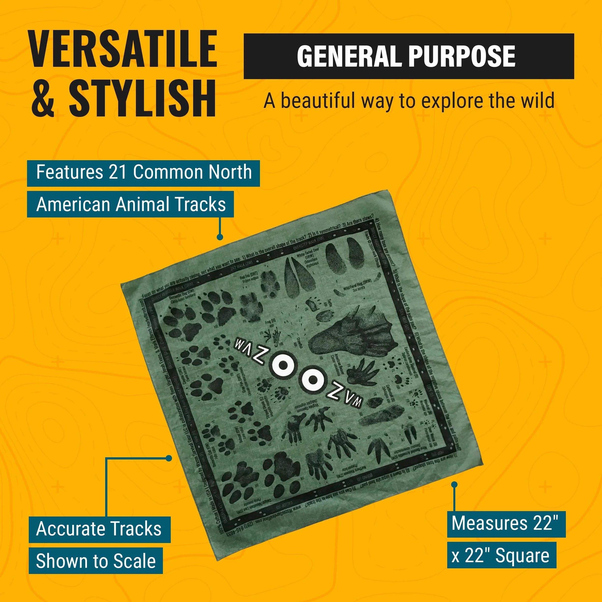 Bandana do monitorowania zwierząt/szalik/chusteczka/maska na twarz | 21 popularnych ścieżek zwierząt z Ameryki Północnej znalezionych w naturze | 100% bawełna | Wyprodukowano w Stanach Zjednoczonych.