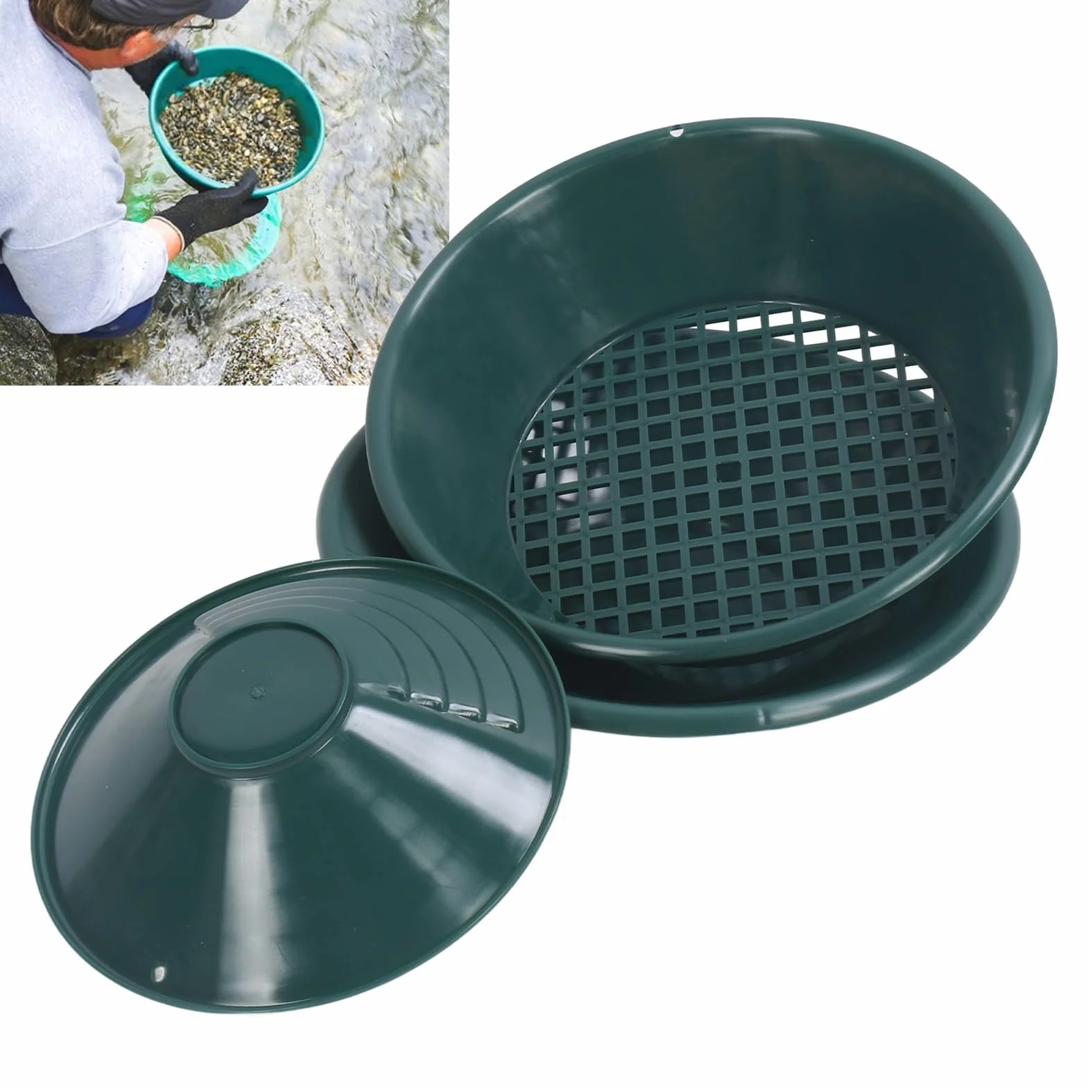 3 szt. Zestaw do Płukania Złota dla Dorosłych, Plastikowy Ręczny Okrągły Złoty Poszukiwacz Złota Miska do Mycia Złota Miska do Pogłębiania Złota Sprzęt do Wydobycia Złota