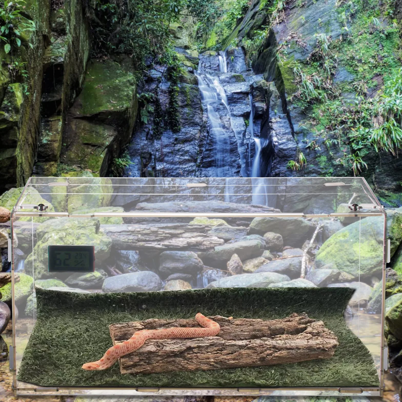 Zbiornik na gady, terrarium z higrometrem temperaturowym, przezroczyste, akrylowe pudełko do hodowli gadów, odpowiednie dla rogatej żaby, gekona, kameleona, węża, chomika, pająka