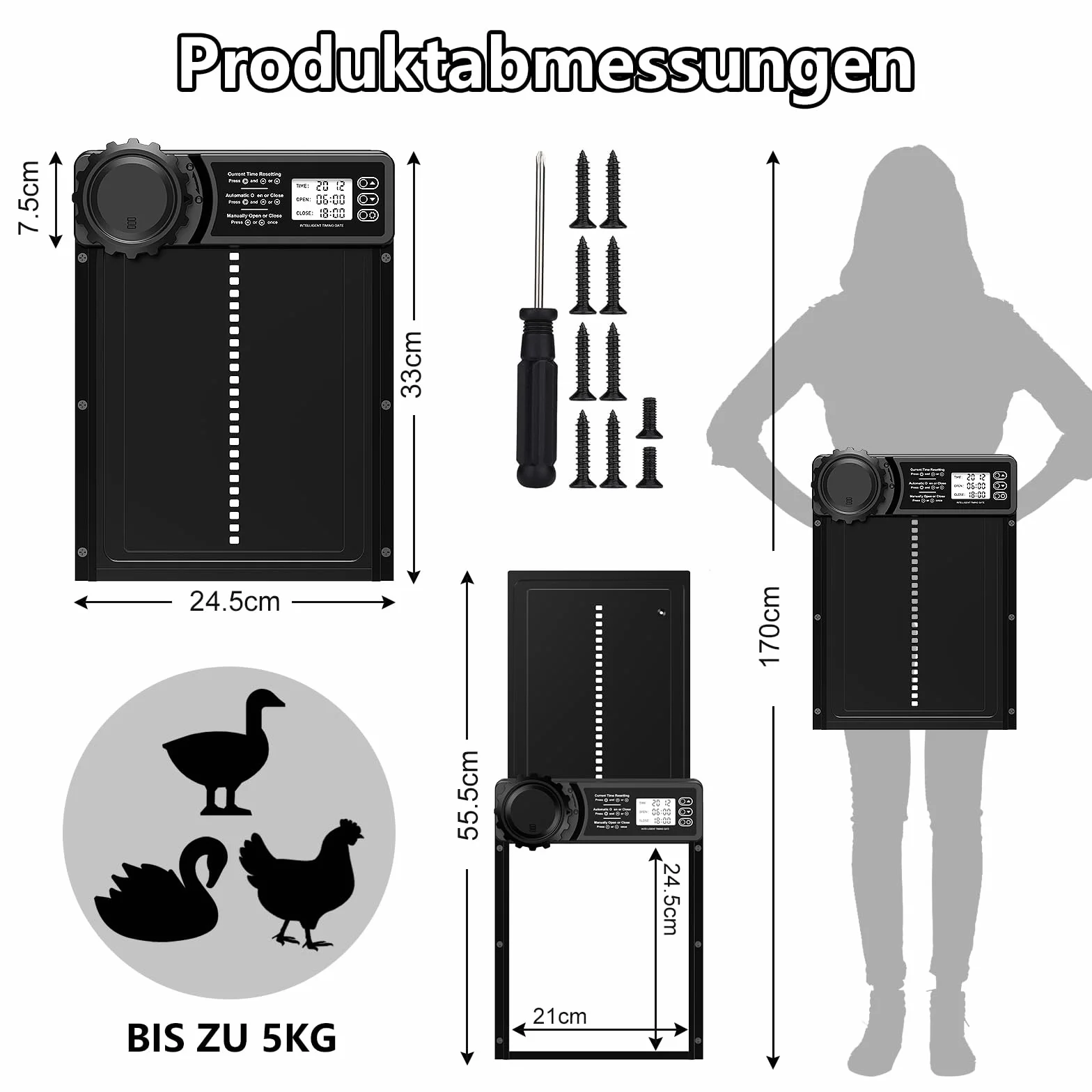 Aluminiowa automatyczna klapka dla kurczaków na baterie, MASTERFUN Elektryczna klapka dla kurczaków Automatyczne drzwiczki dla kurczaków z wodoodpornym dużym wyświetlaczem, timerem