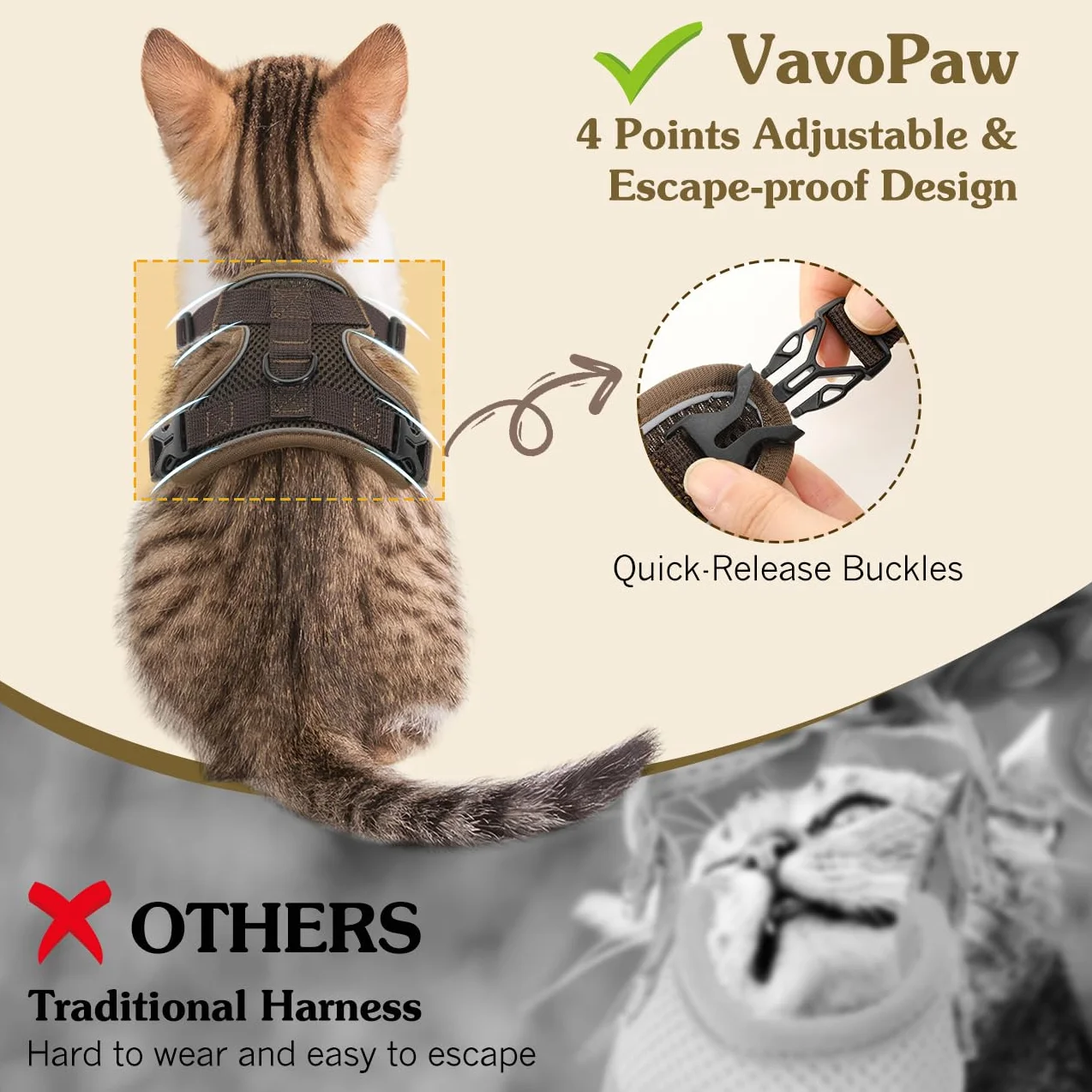 VavoPaw Cat Harness and Leash Set for Walking, Adjustable Kitten Vest Harness with Reflective Strip Breathable Mesh, Escape Proof Soft Pet Safety Vest for Cats, Kittens, Puppies, M Coffee