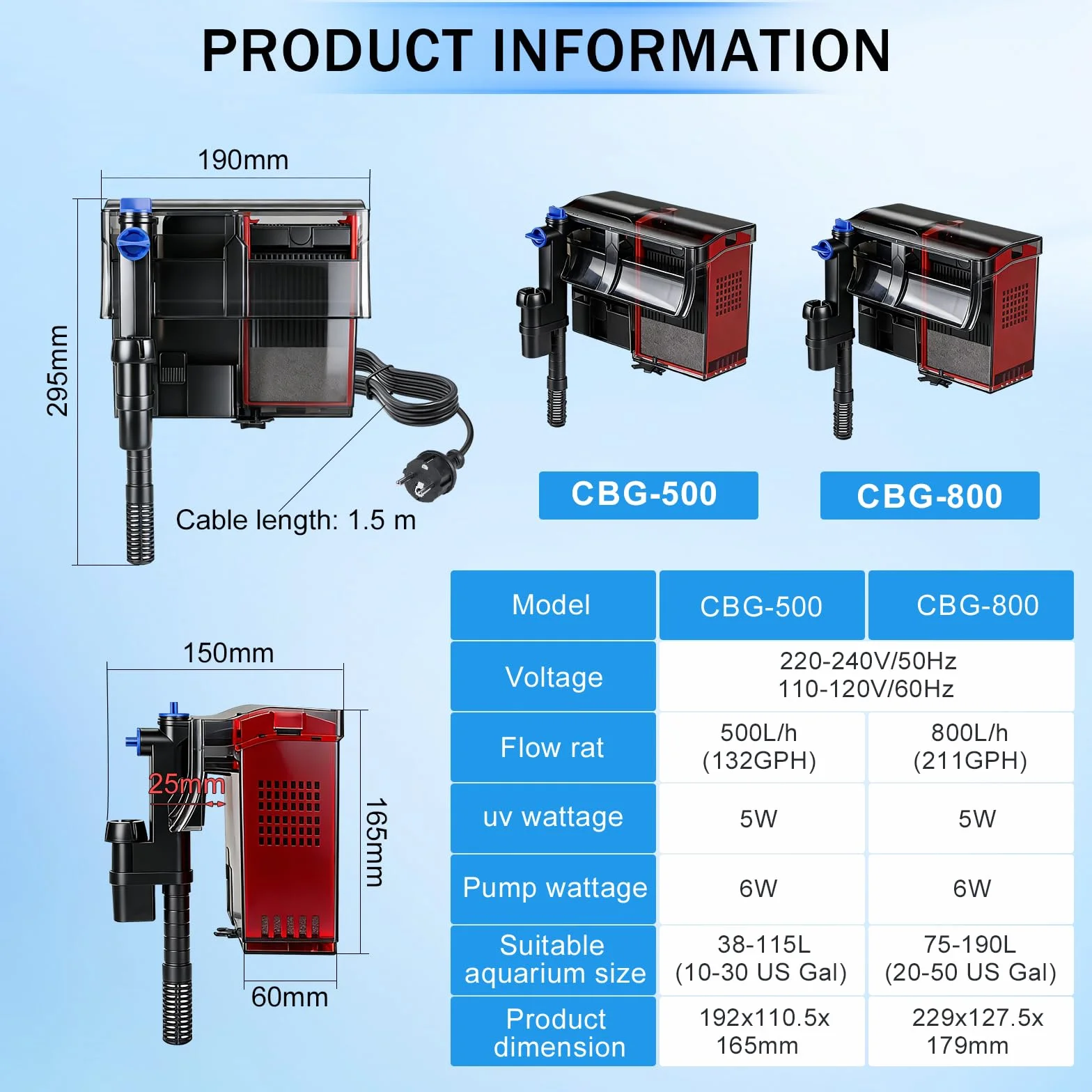 EXLECO Filtr zewnętrzny do akwarium 6W 500 l/h z lampą UV, regulowany filtr wiszący 38-115 l