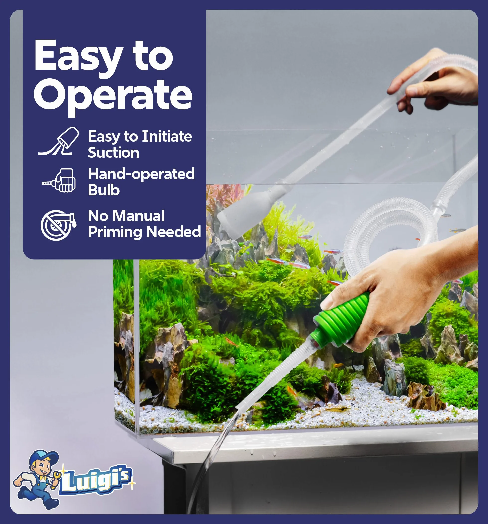 Luigi's Syphon Fish Tank Cleaner do akwarium - ręczna pompa syfonowa próżniowa 3 w 1 - zmieniacz wody i płuczka żwiru