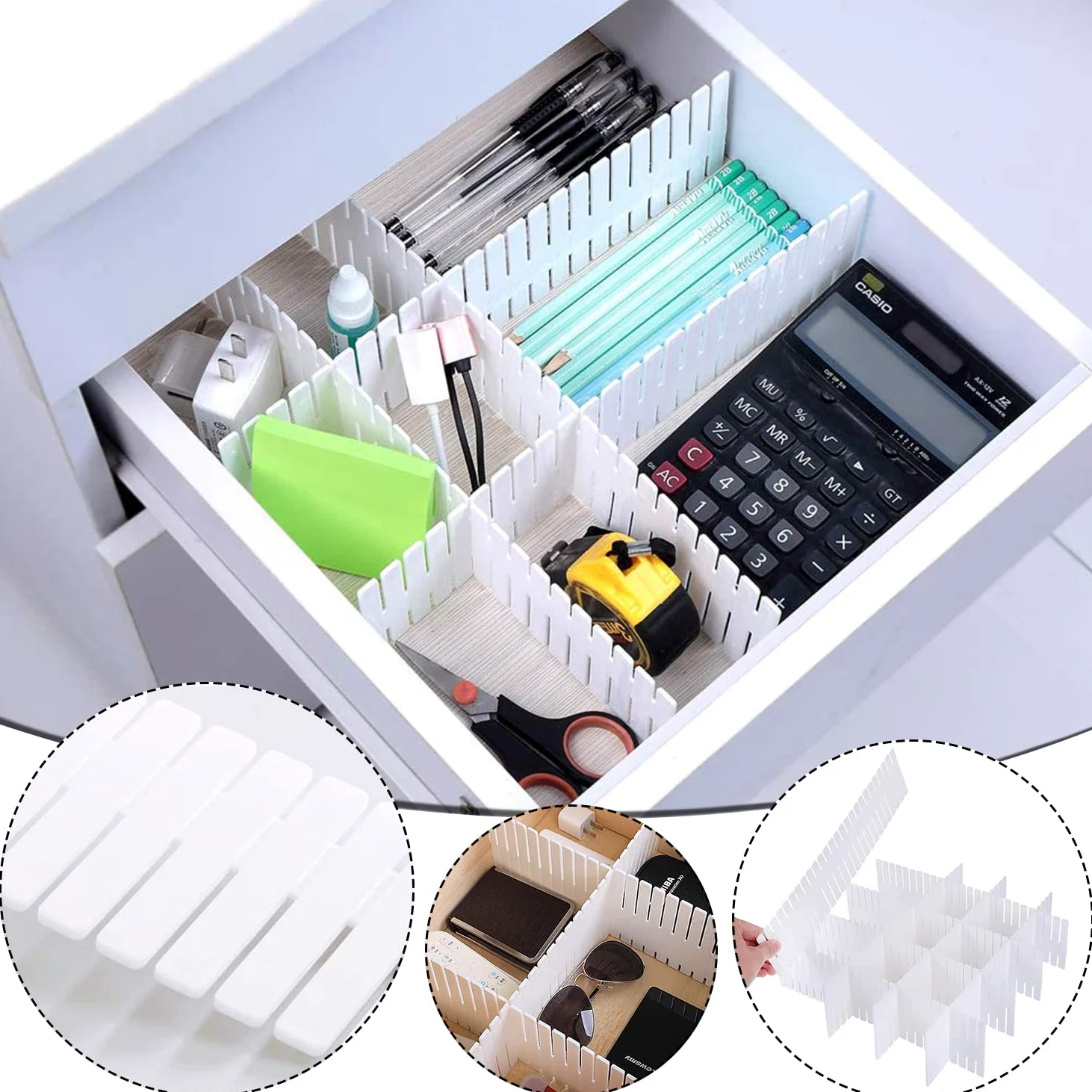 GIAK Separator do Szuflad, Regulowany System Organizacyjny z Przegródkami do Szafy, na Bieliznę, Skarpety, Organizer na Biurko, Biały, 16 Sztuk | Regulowane szuflady system porządkowania białe ścianki działowe, regulowane do szafy
