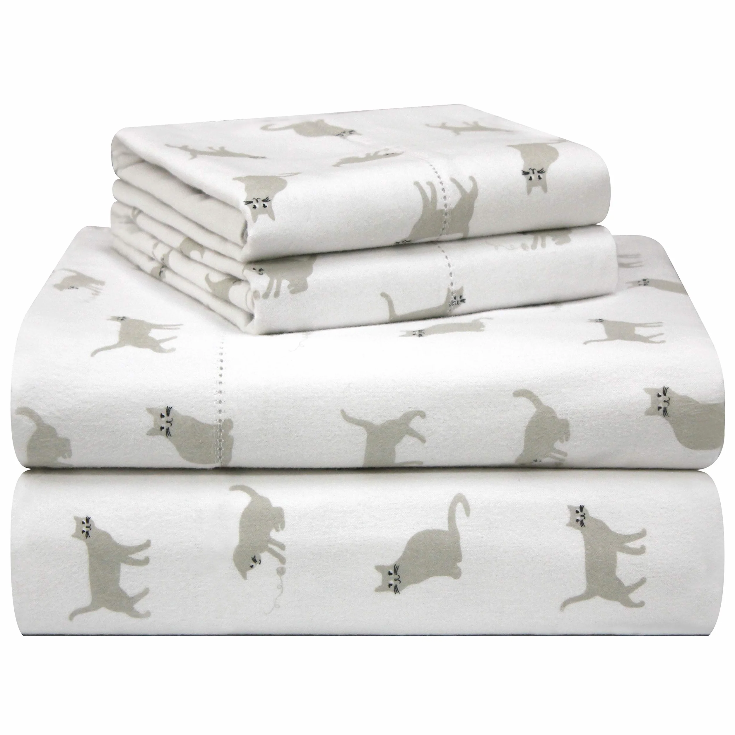 Pointehaven 3-częściowy komplet pościeli z flaneli bawełnianej, 180 g/m², aksamitny, Twin, Koty, dekatyzowany, z głębokimi kieszeniami, z gumką, podwójnie szczotkowany