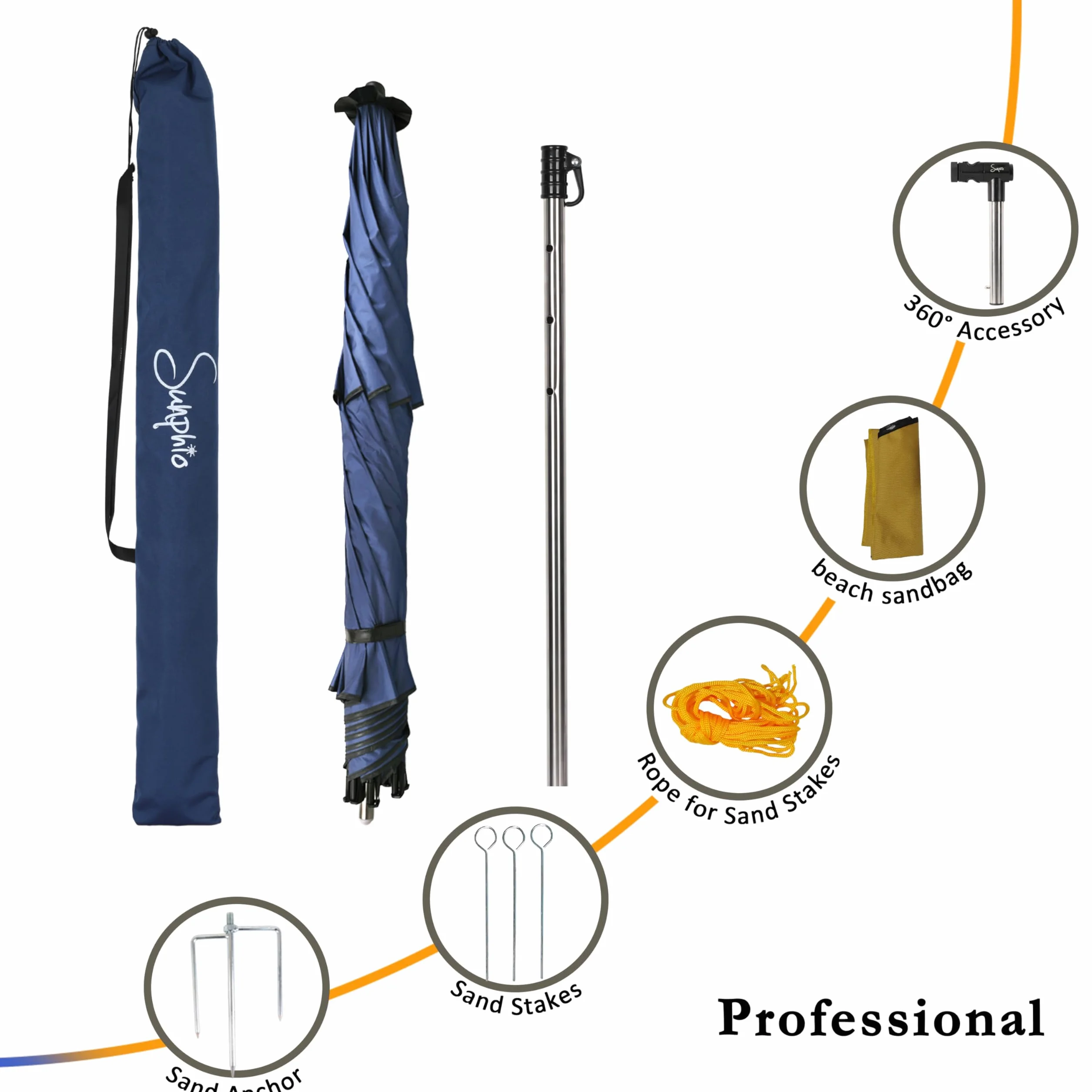 Sunphio Parasol Plażowy 220 cm, Odporny na Wiatr, Ochrona UV 50+, Duży Lekki Parasol Podróżny z Kotwicą, Do Ogrodu i Plaży