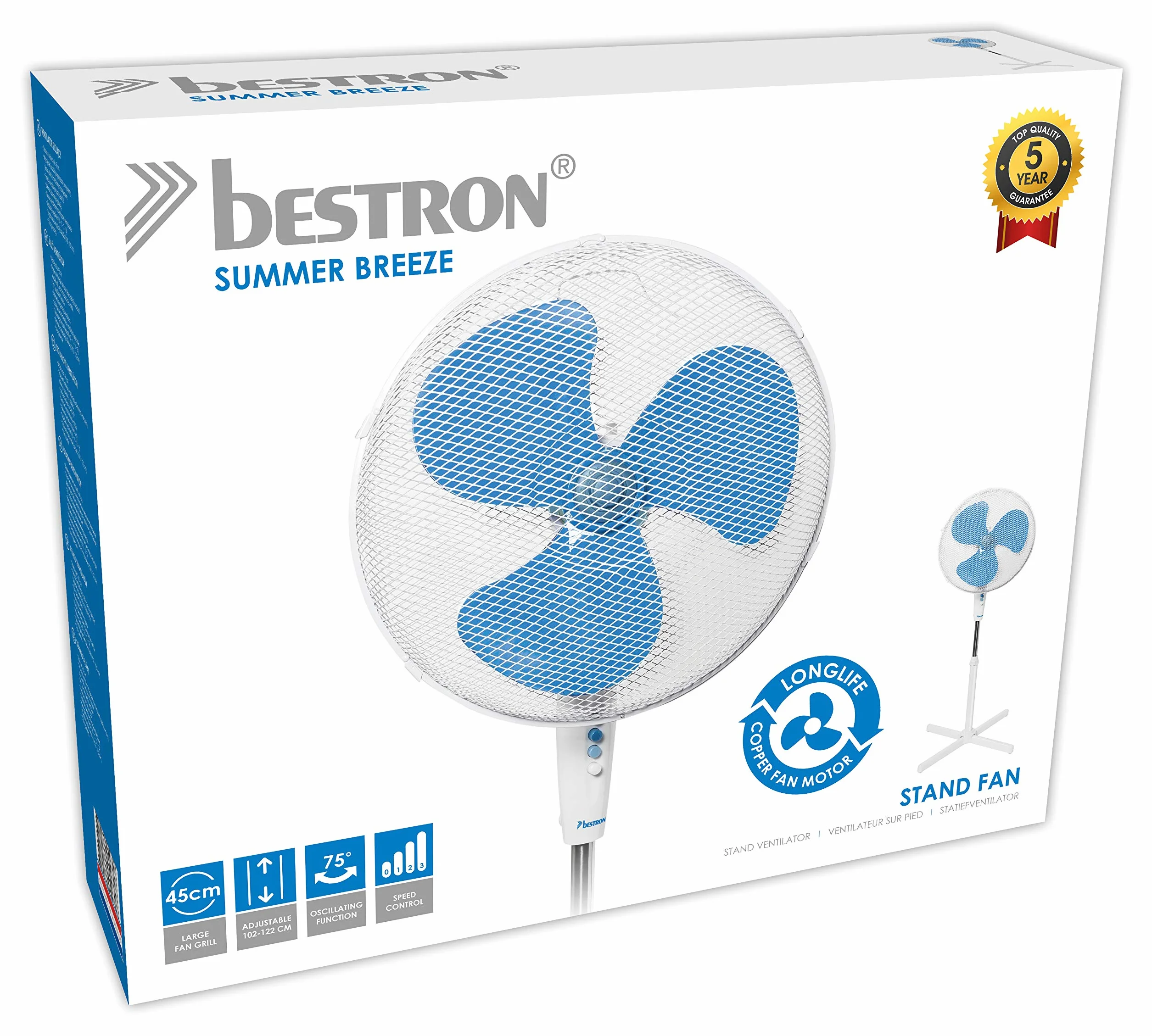 Bestron Wentylator stojący z trzema poziomami prędkości, wentylator z funkcją oscylacji 75° i regulacją wysokości do 122 cm, Ø 45 cm, 45 W, ASV45W, kolor: biały