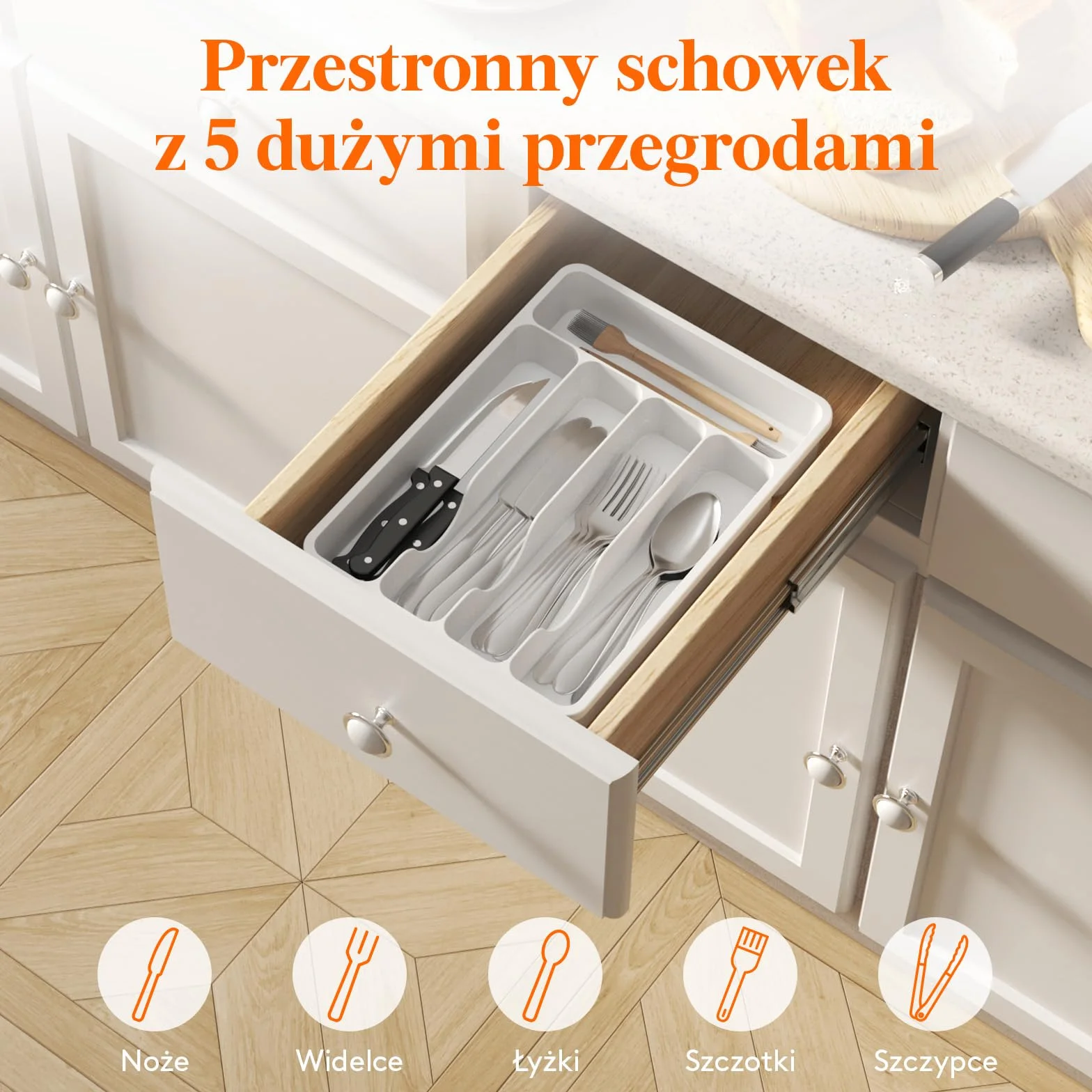 Organizer do szuflady na sztućce Lifewit, Plastikowa taca na sztućce do szuflady kuchennej, Uchwyt, Przegródka na Łyżki, Widelce, Noże, Zastawa stołowa, 5 przegródek, Biały