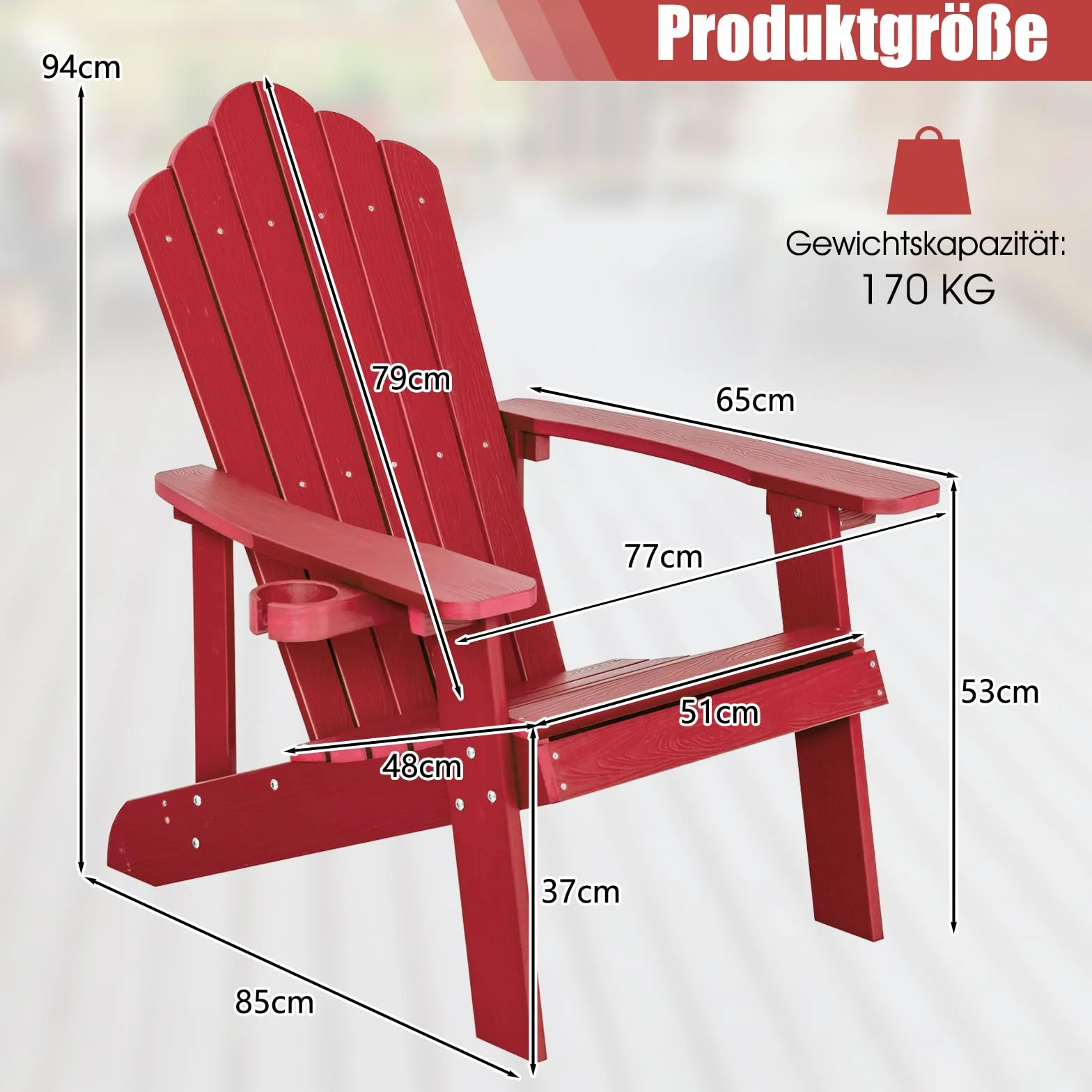 COSTWAY Adirondack krzesło z uchwytem na napoje, odporne na warunki atmosferyczne, krzesło ogrodowe z tworzywa sztucznego, krzesło outdoorowe do ogrodu, na taras, nośność 170 kg (czerwone)