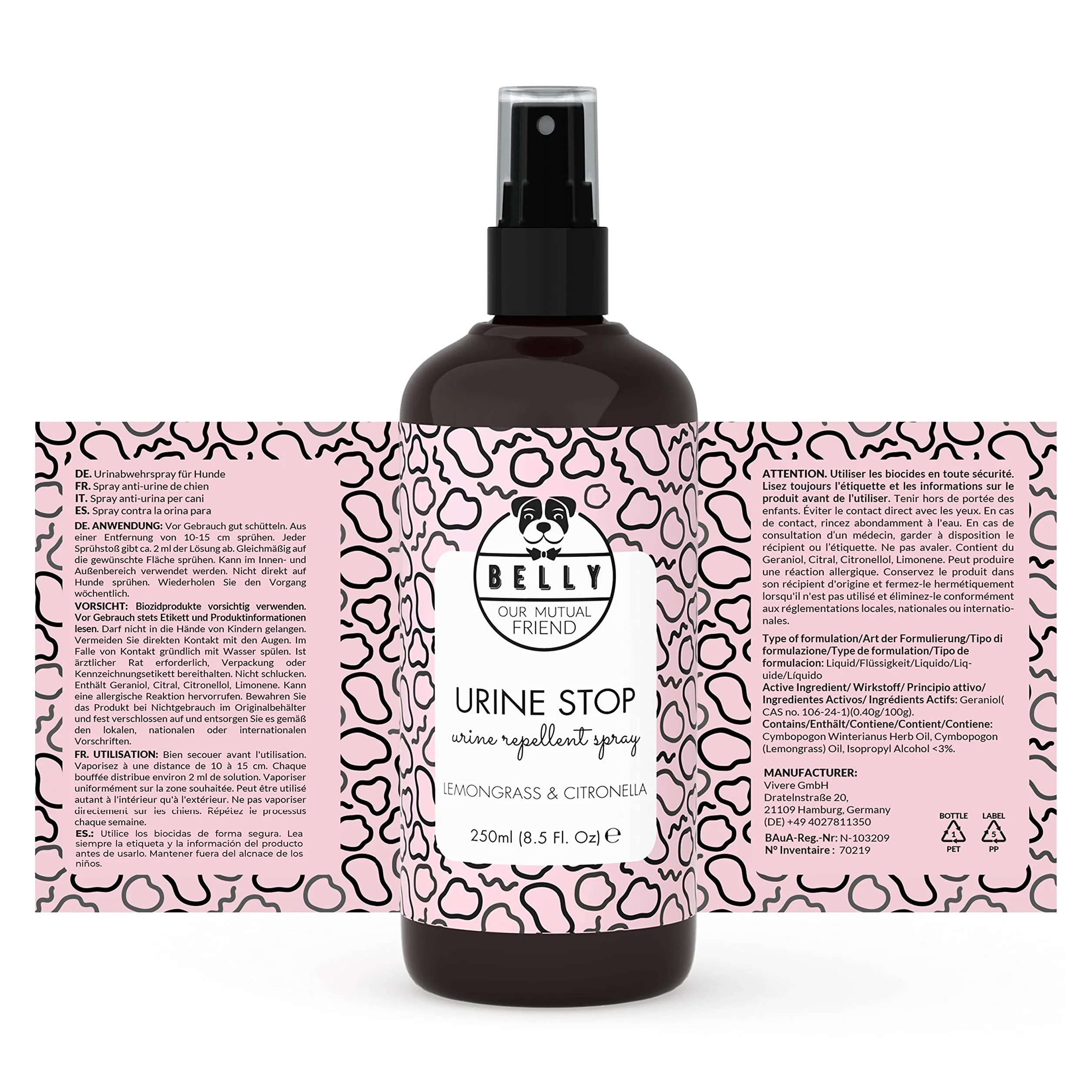 Odstraszacz psów Belly Spray do wnętrz - Odstraszacz psów na zewnątrz - Odstraszacz psich odchodów, wszystkie powierzchnie - Eliminuje zapach psich odchodów, 250ml