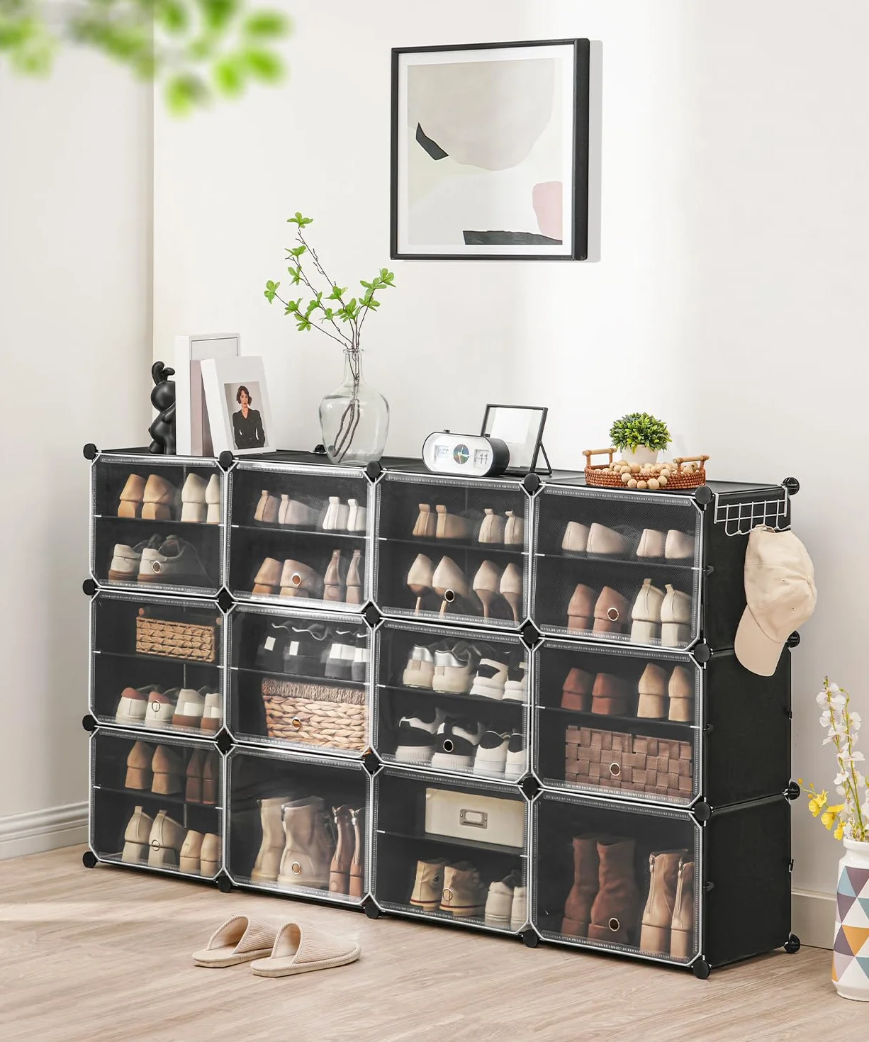 HOOBRO Regał na buty z 12 przegródkami, szafka na buty na 48 par butów, 40 x 30 x 30 cm na przegródkę, wąski, z drzwiami, tworzywo sztuczne, do salonu, sypialni, korytarza, wejścia, czarny EBK38SC01G1