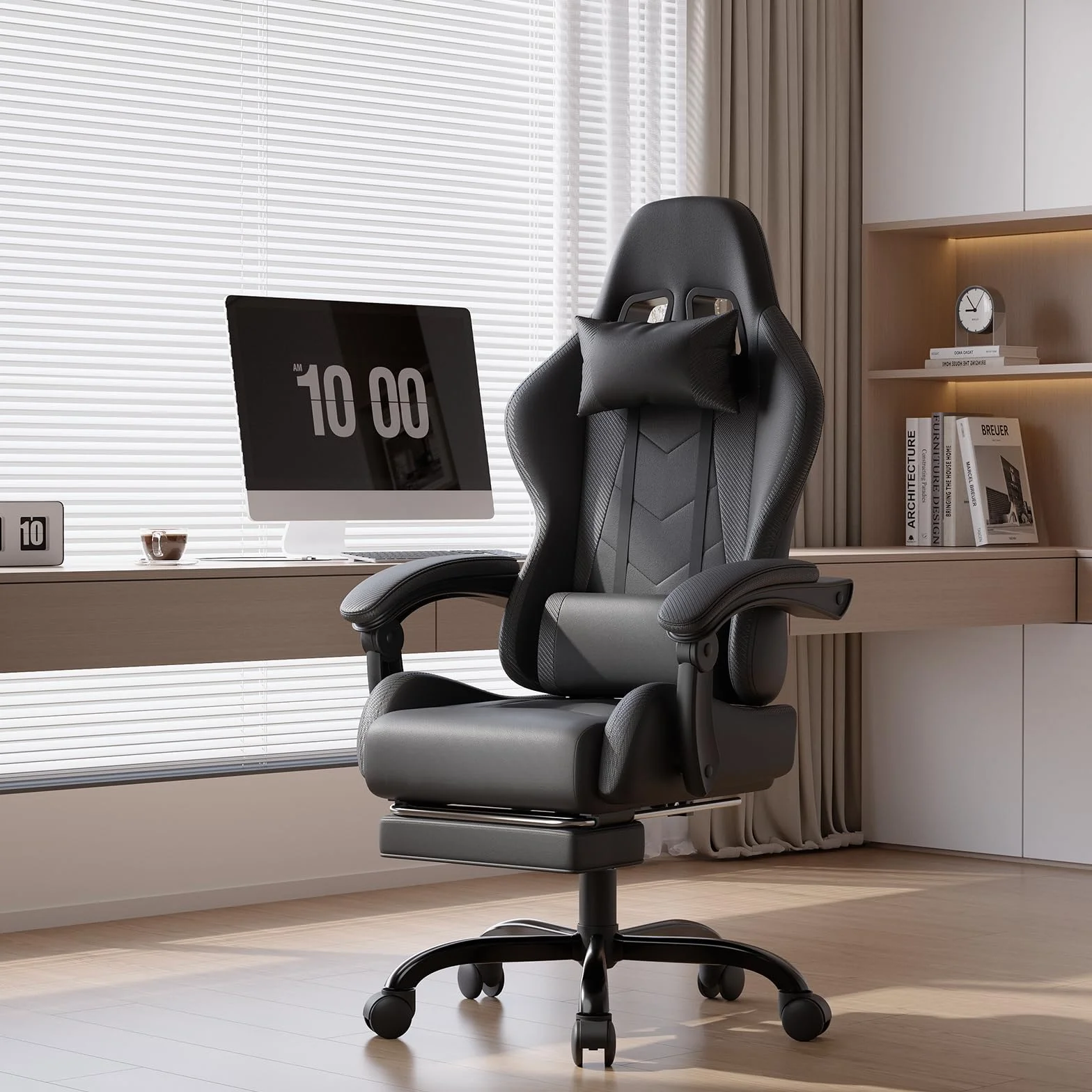 Devoko Fotel gamingowy, krzesło biurowe，Biurowe Krzesło Komputerowe z Podnóżkiem, Krzesło Gamingowe Wytrzymałe do 150kg, Oparcie Regulowane 90-135°, Ergonomiczne Krzesło PC, Obrotowe o 360°, Czarny