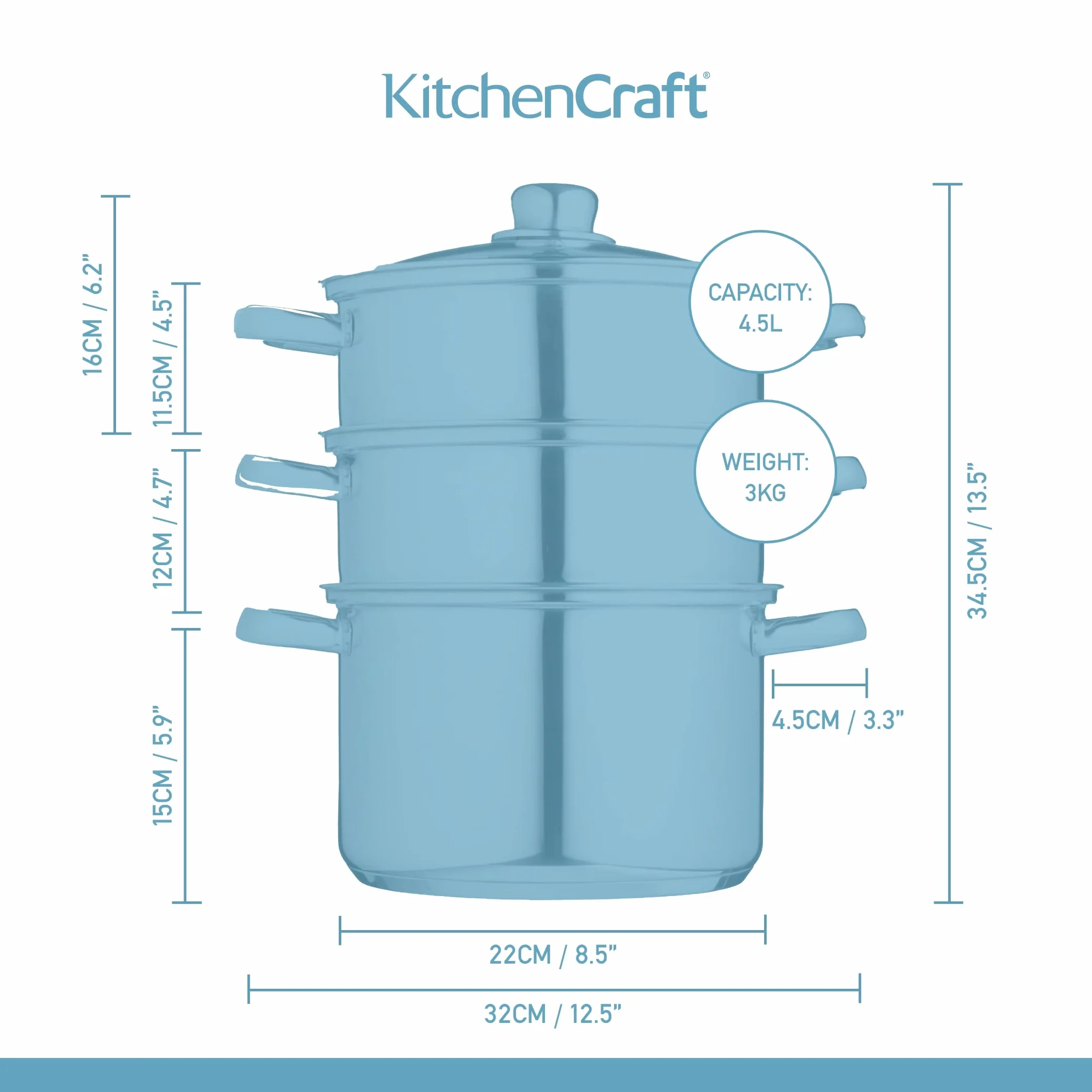 KitchenCraft Zestaw 3 garnków, parowar/garnek do zupy, 3-stopniowy, z zabezpieczeniem indukcyjnym, stal nierdzewna, w pudełku prezentowym, 22 cm (9"), srebrny