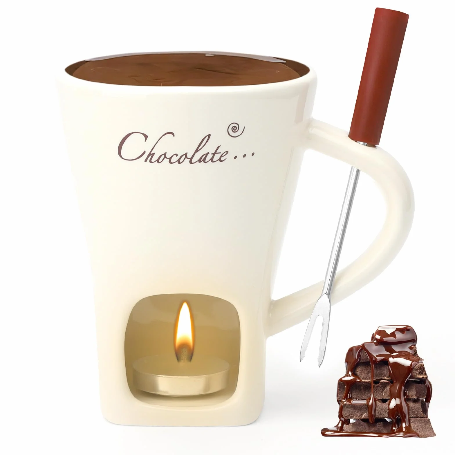Filiżanka do fondue czekoladowego, ceramiczna, 130 ml, z uchwytem na podgrzewacze i widelcami, czekoladowe fondue, zestaw do fondue, czekolady, fondue, czekolady, fondue, zestaw do topienia czekolady