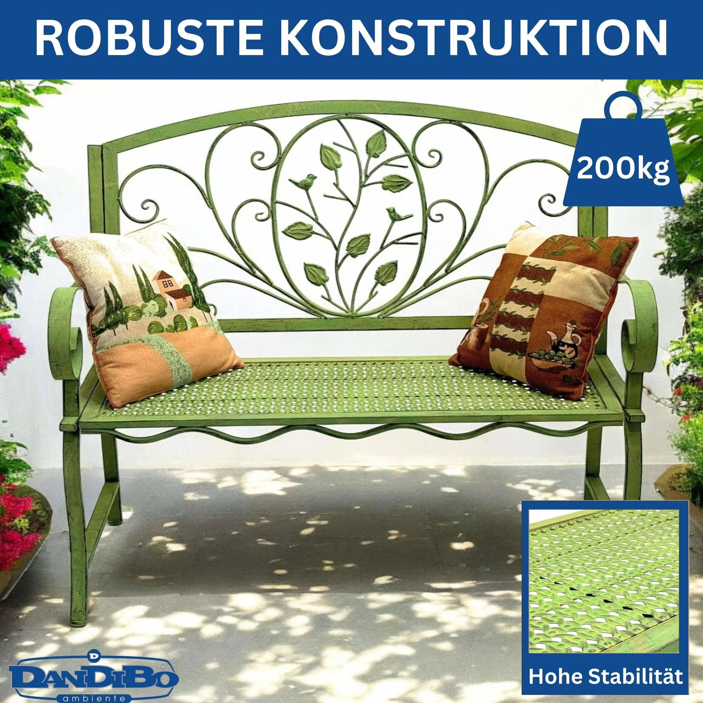 DanDiBo Ławka ogrodowa, odporna na warunki atmosferyczne, 2-osobowa, metalowa, zielona, 110 cm, 96593, ławka do siedzenia, żelazna, ławka ogrodowa, antyczna ławka parkowa