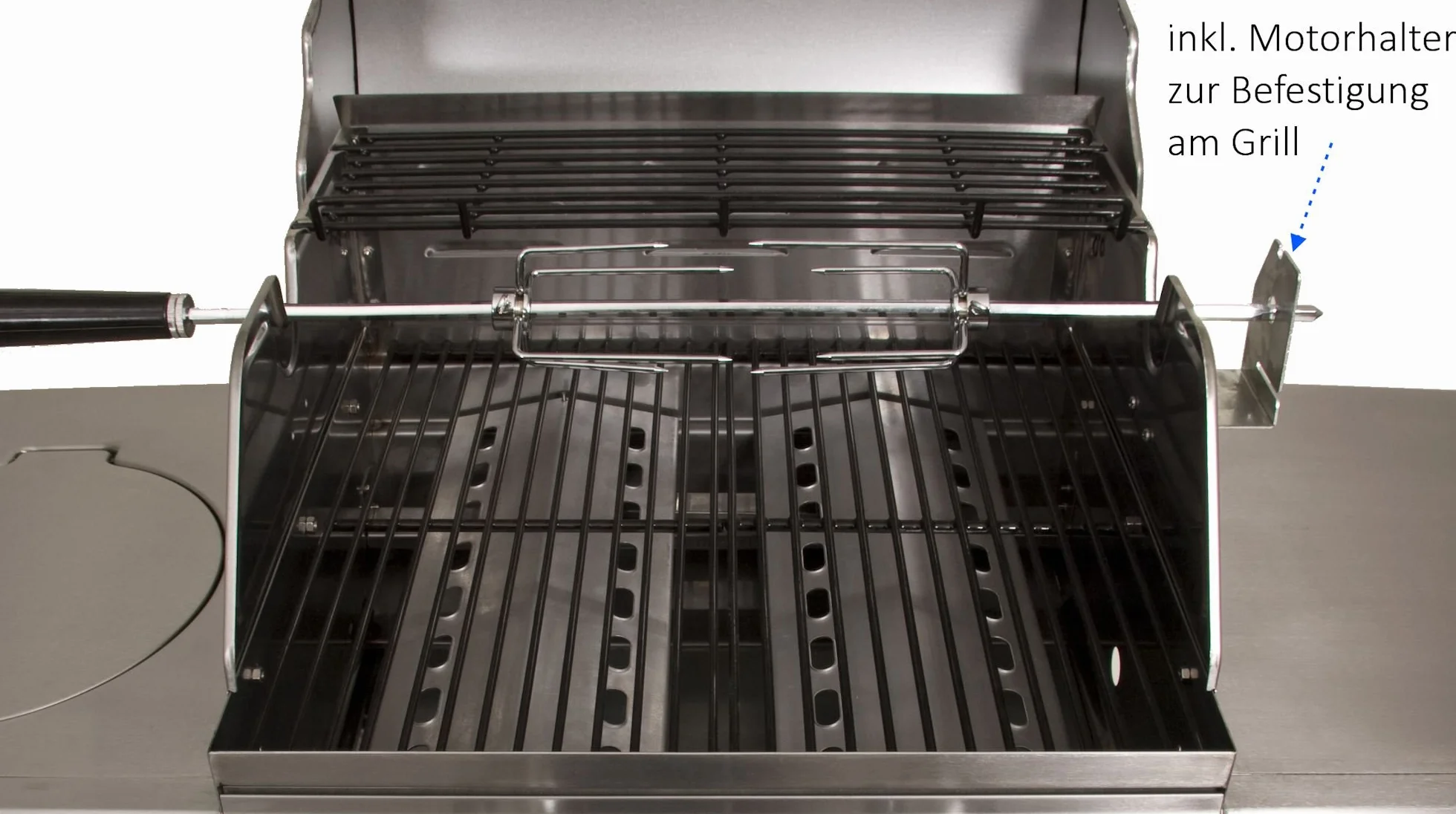 BBQ-Toro Zestaw rożen do grilla 100 cm wraz z 4 igłami do mięsa i silnikiem ze stali nierdzewnej, 220 V – 240 V, rożen obrotowy z silnikiem do grilla | elektryczny uniwersalny szszpecik do grillowania