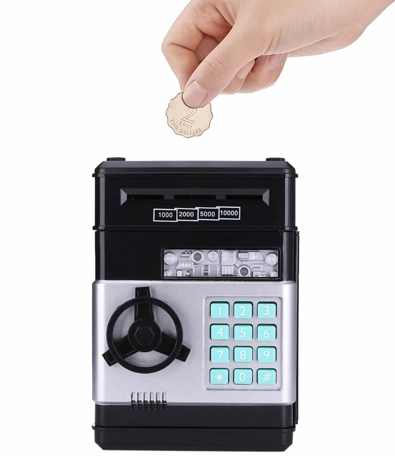COIL Elektroniczna skarbonka, skarbonka, mini sejf, automat, kod PIN, banknoty i monety, efekty dźwiękowe,